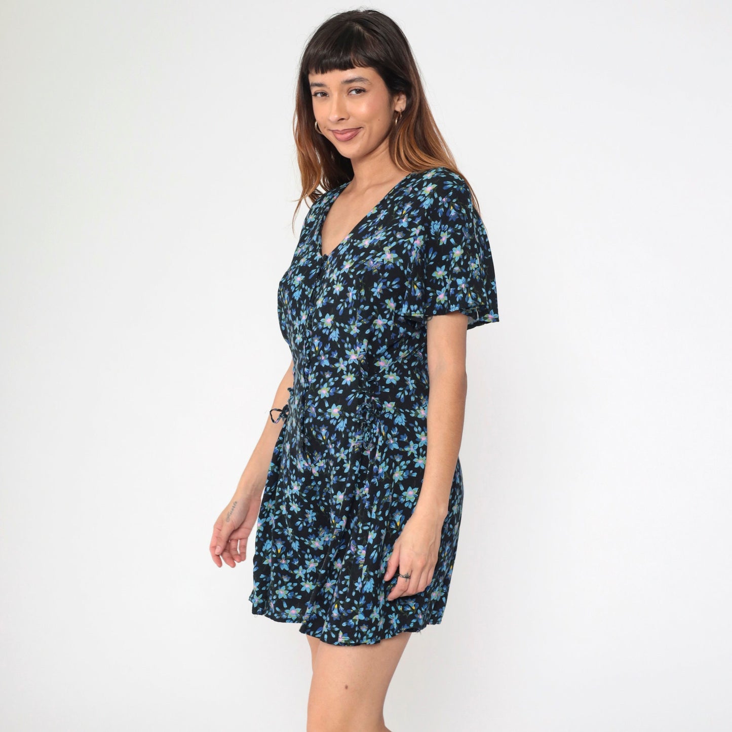 90s Lauren Brooke Floral Romper Black Blue Button Up Wide Leg Medium