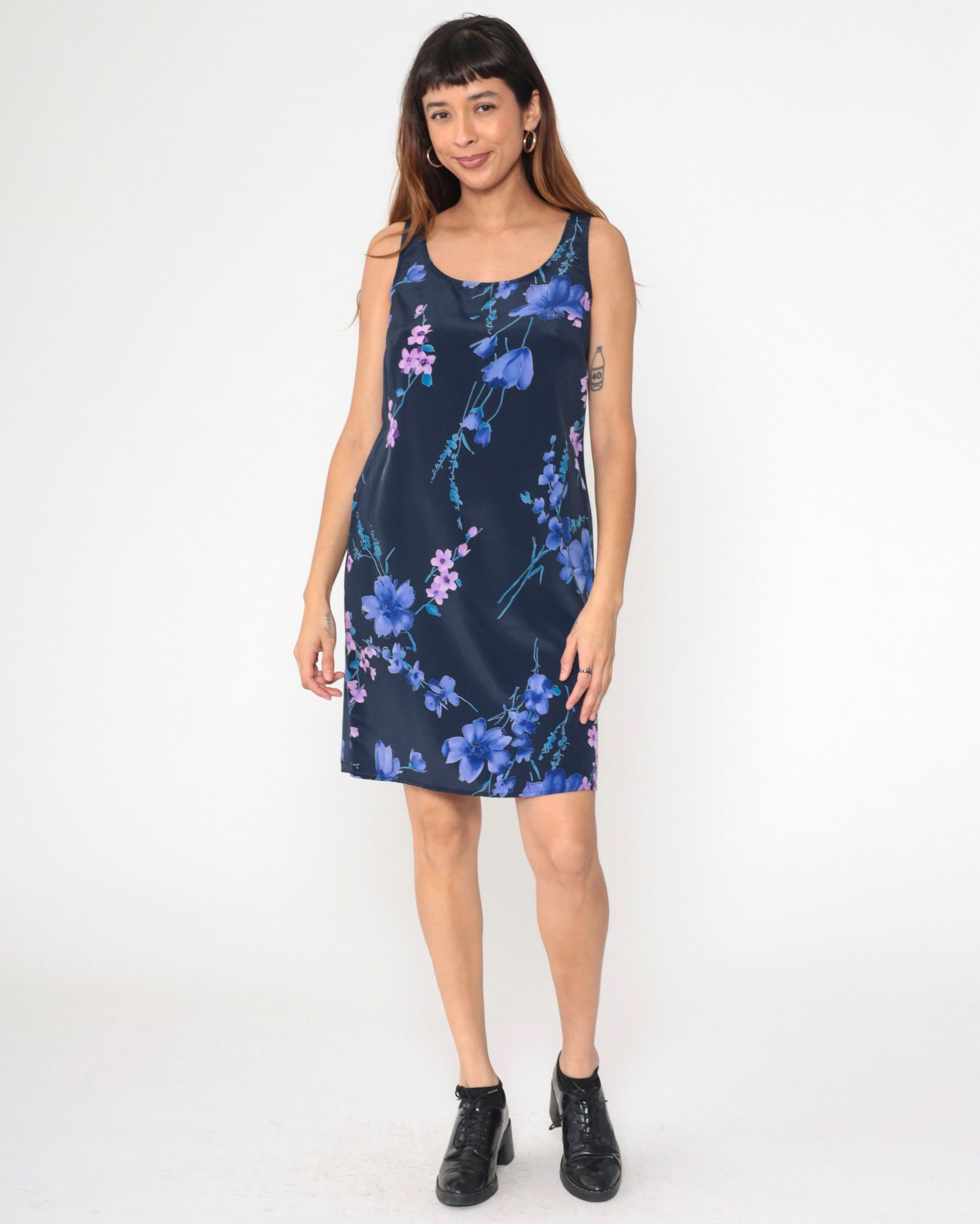 90s Hillard & Hanson Floral Mini Shift Dress Navy Sleeveless Small