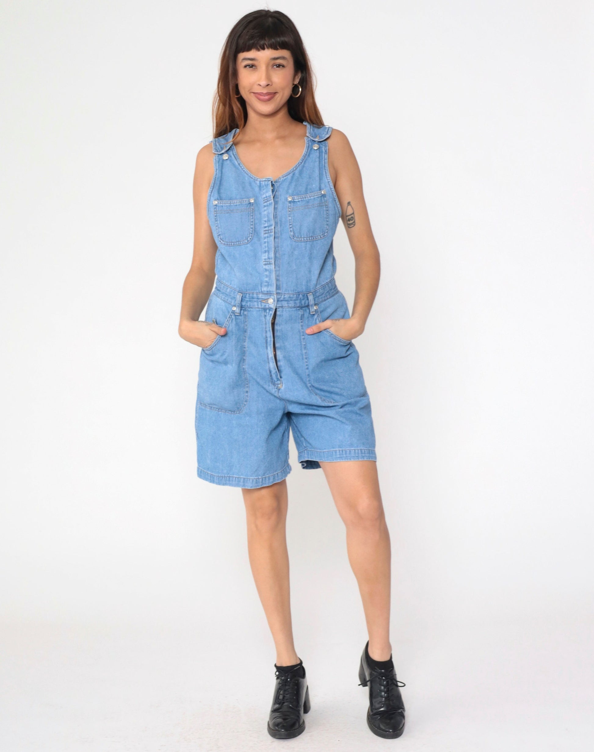 90s Gloria Vanderbilt Denim Romper Playsuit Utility Pockets Sleeveless Small