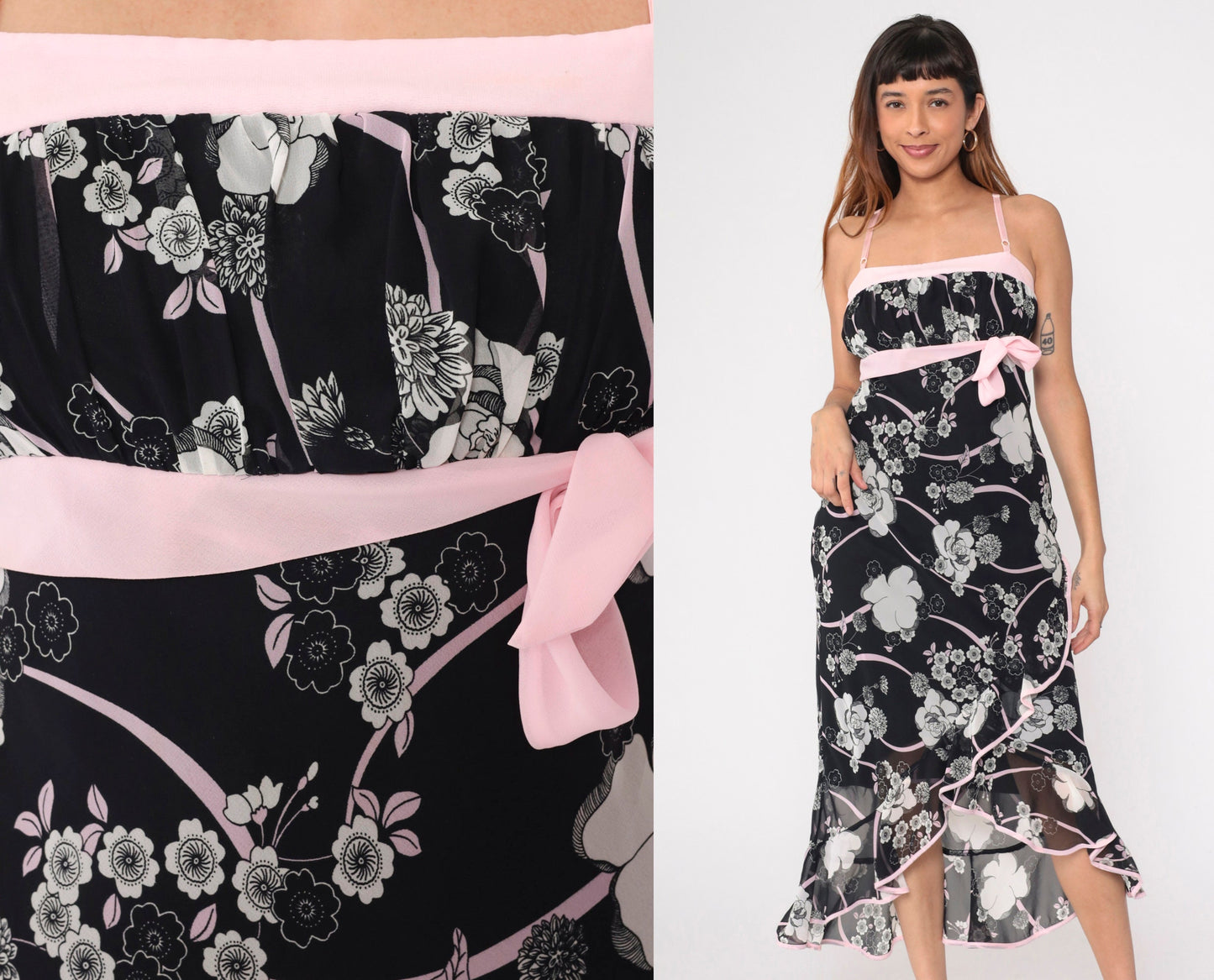 00s Black Floral Midi Sundress Baby Pink Bow Empire Waist Spaghetti Strap Medium