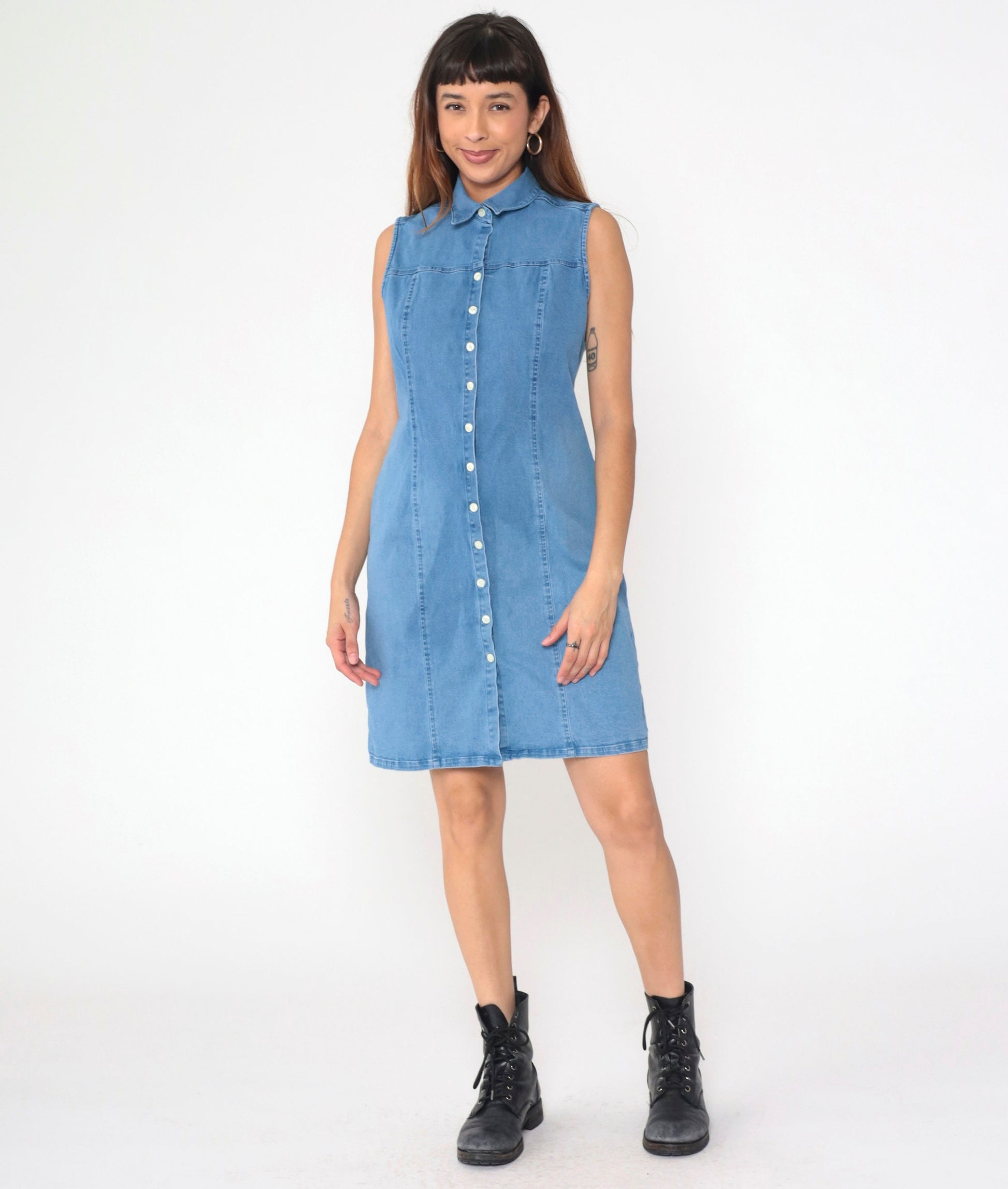 90s Charter Club Denim Mini Dress Button-Up Sleeveless Sheath Blue Medium Petite
