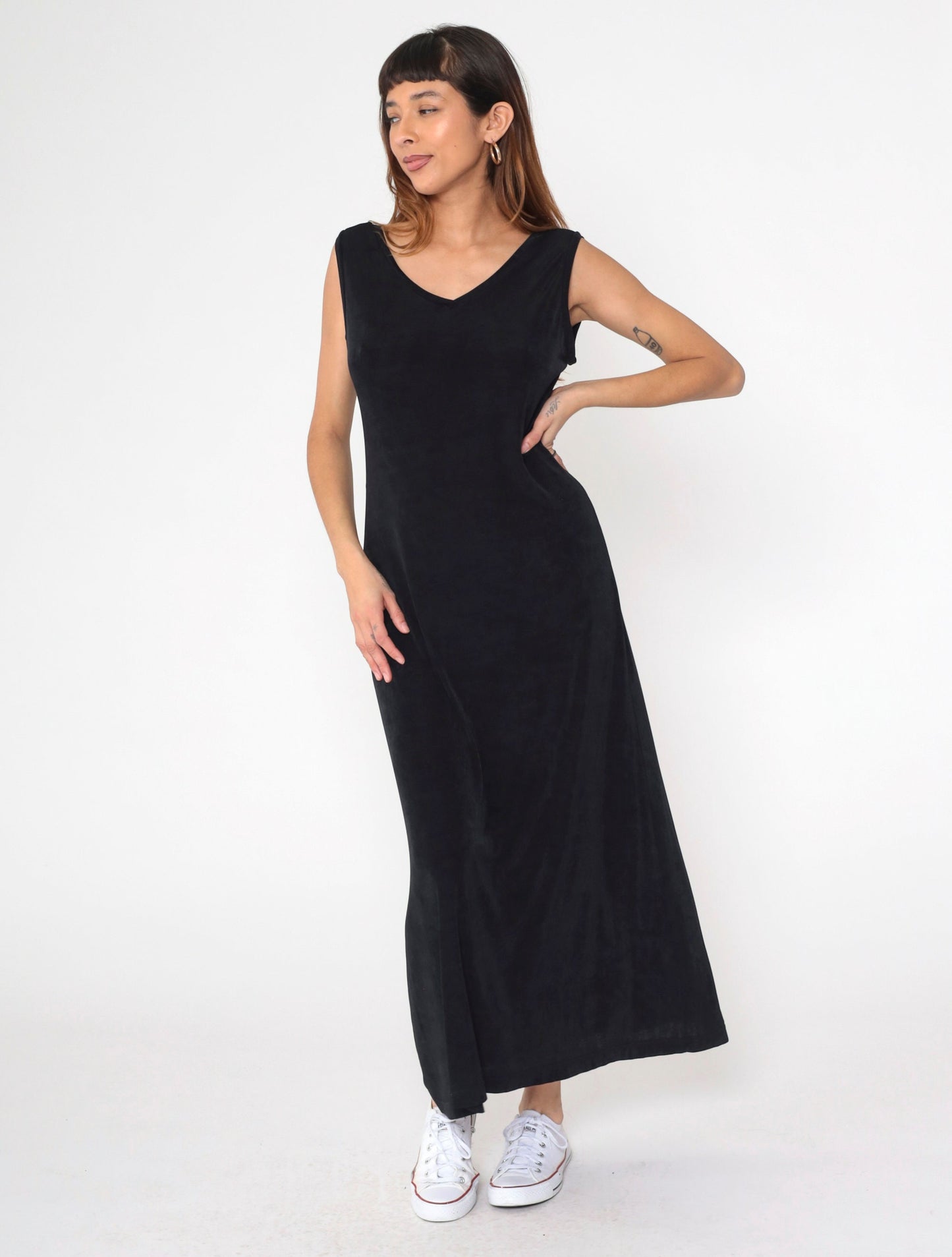 90s Black Maxi Dress V-Neck Sleeveless Column Cut Pullover Medium M