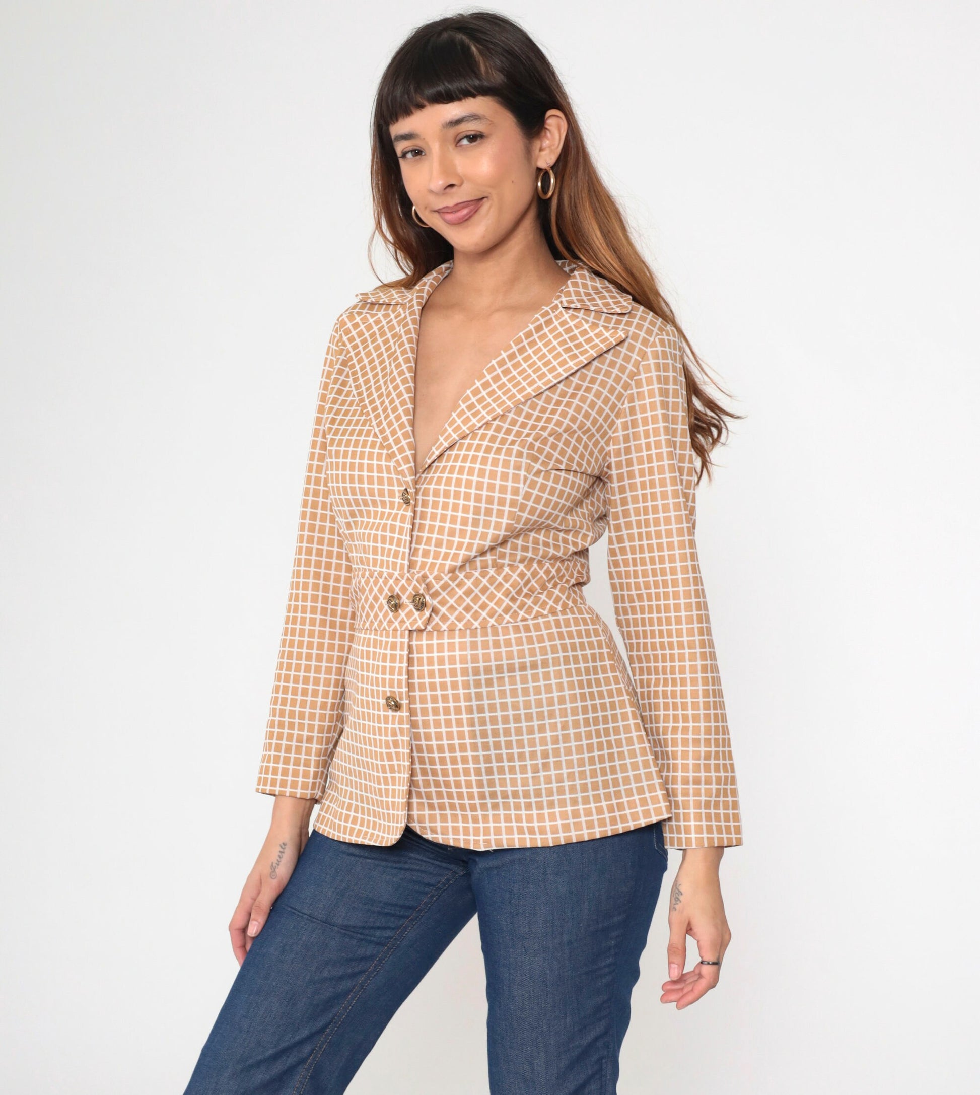 70s Tan Checkered Blazer Windowpane Button-Up Jacket Small