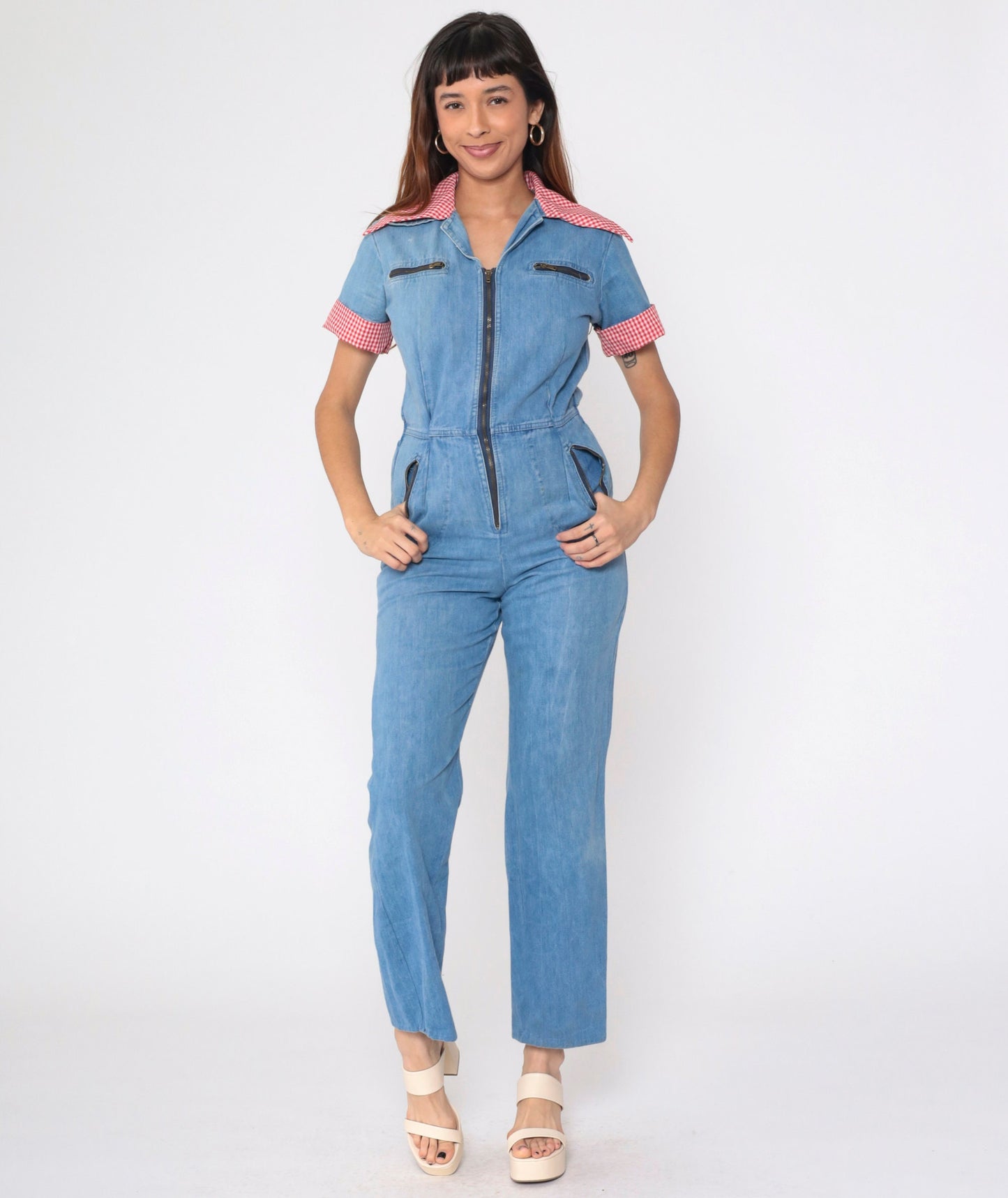 70s Blue Denim Jumpsuit Red Gingham Collar Short Sleeve Straight Leg Small