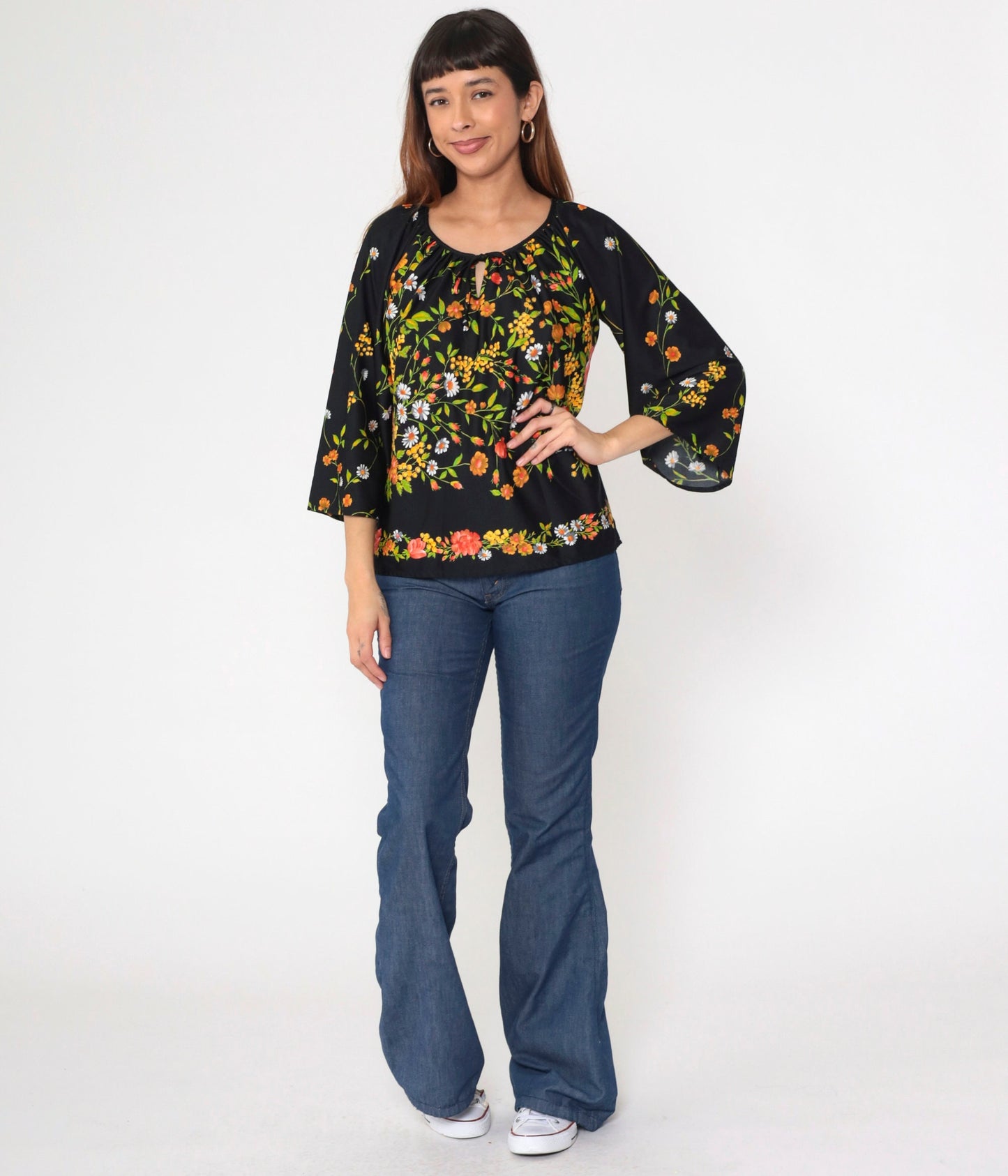 70s Teddi Of California Floral Blouse Black Bell Sleeve Keyhole Neck Medium Large