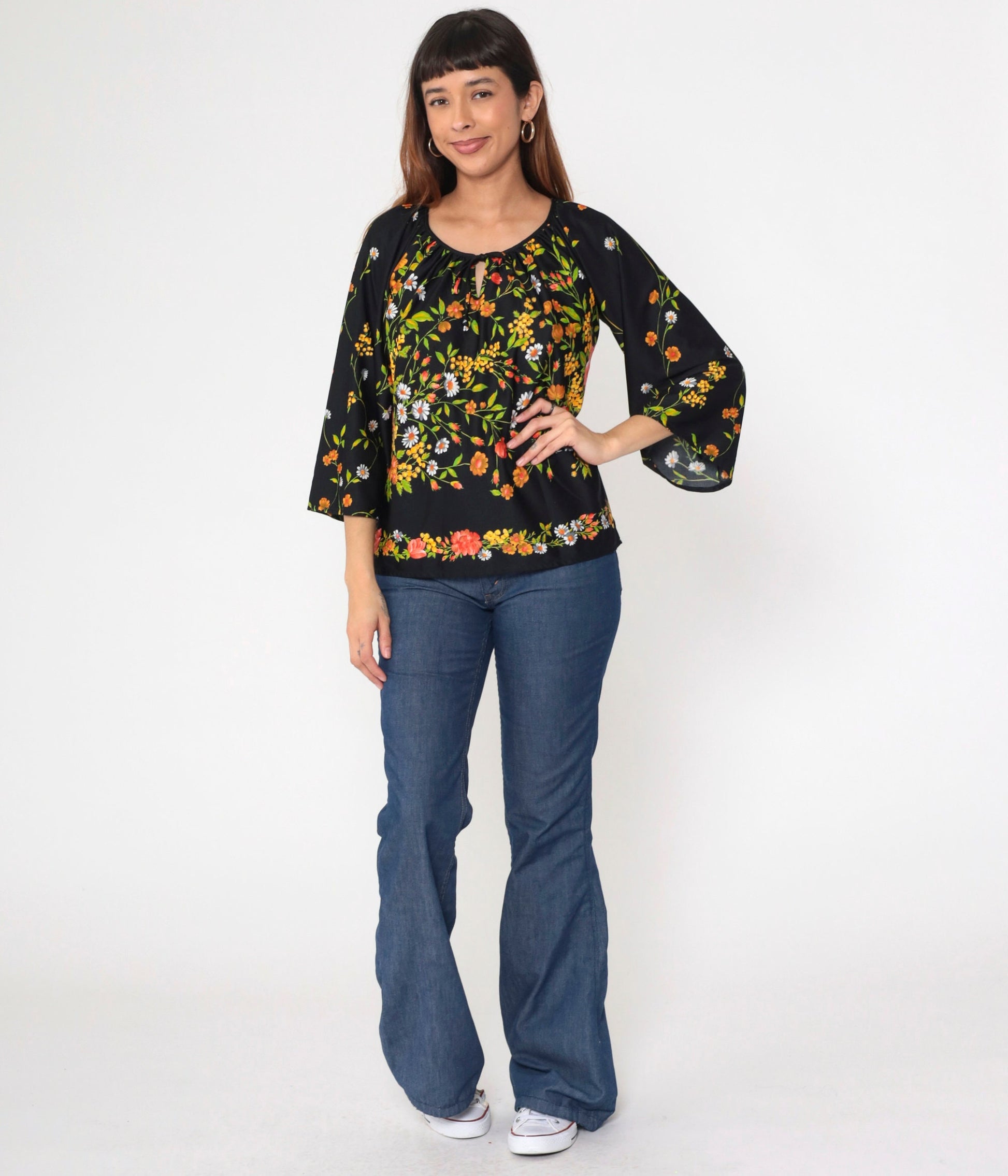 70s Teddi Of California Floral Blouse Black Bell Sleeve Keyhole Neck Medium Large