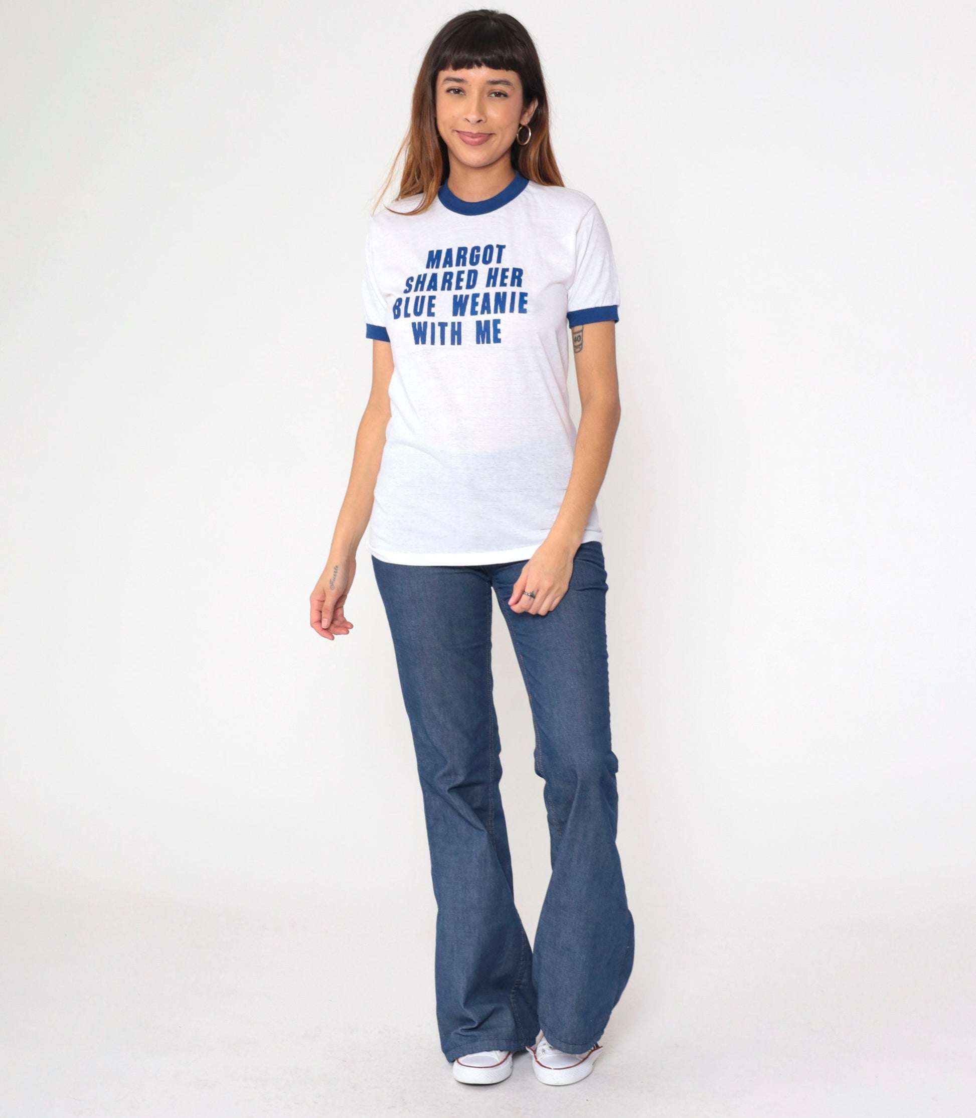 80s KC Sportswear Ringer Tee Margot Blue Weenie Graphic Joke Shirt Small