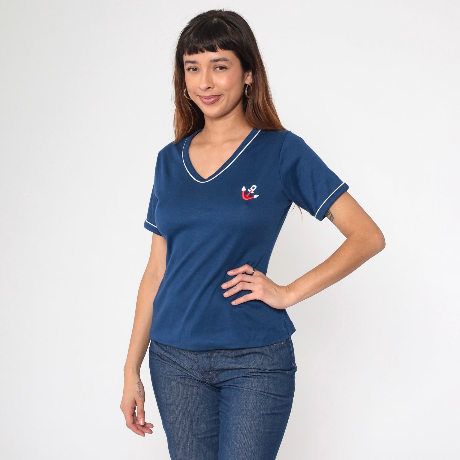 80s Navy Anchor Embroidered Ringer T-Shirt White Trim Small