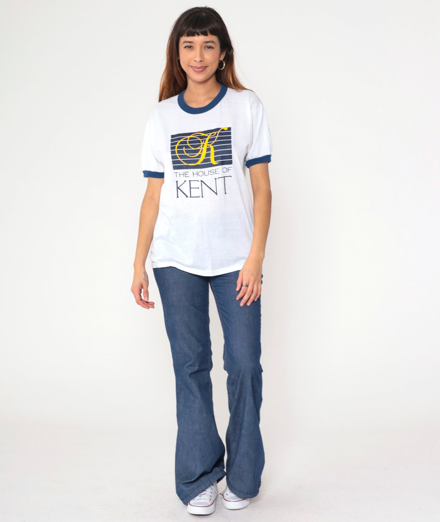 80s House of Kent Ringer Tee White Blue Trim Graphic T-Shirt Medium