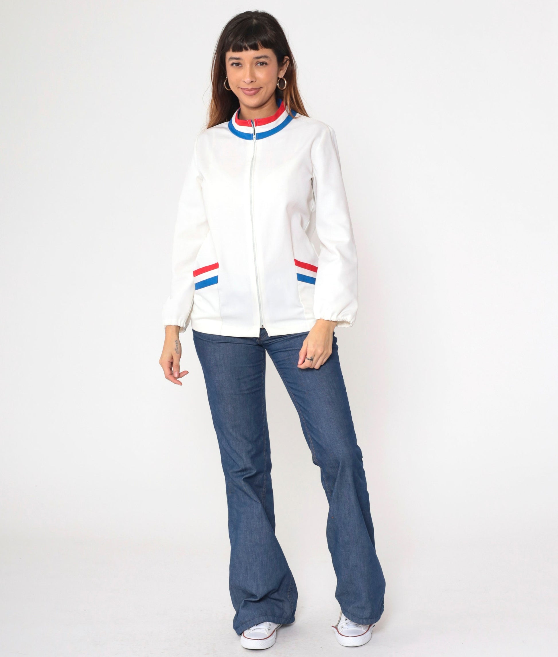 70s Striped Track Jacket White Red Blue Ringer Zip Up Mock Neck Small