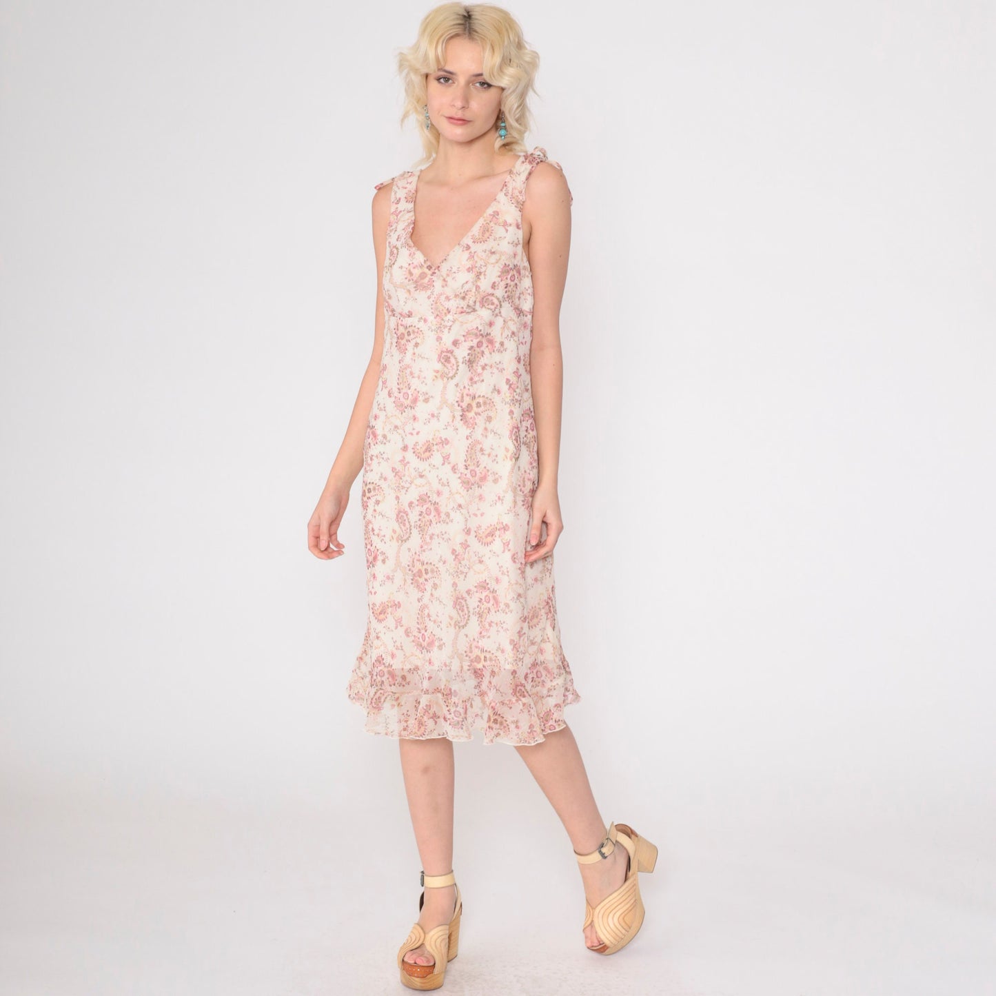Y2K Paisley Chiffon Midi Dress Off-White Pink Empire Waist Surplice Medium