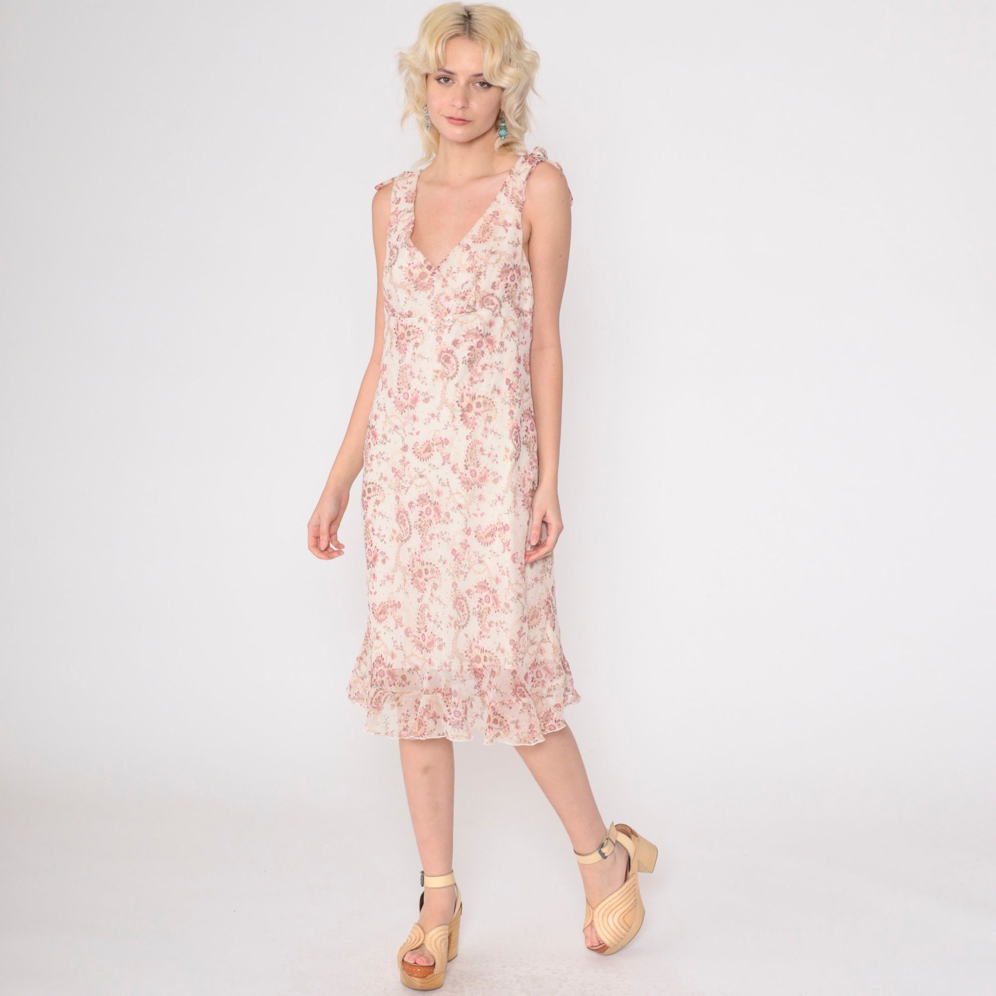 Y2K Paisley Chiffon Midi Dress Off-White Pink Empire Waist Surplice Medium