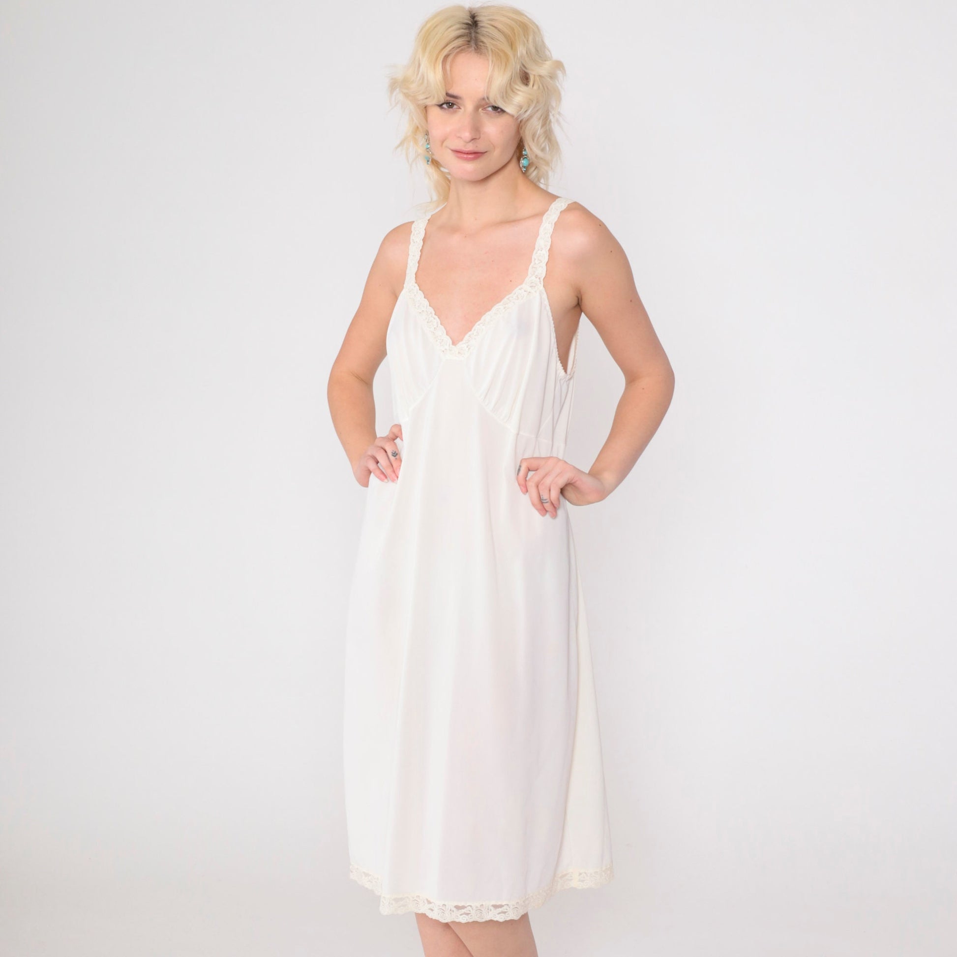 80s White Slip Dress Lace Trim Empire Waist Knee Length Large