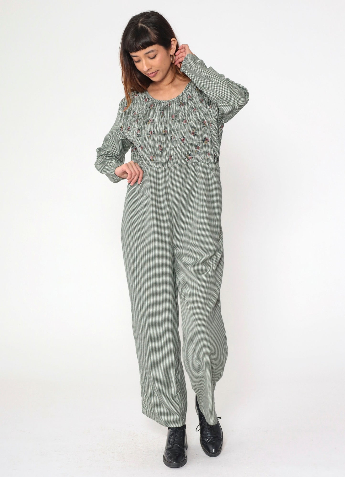 90s Gingham Smocked Floral Jumpsuit Long Sleeve Straight Leg Large
