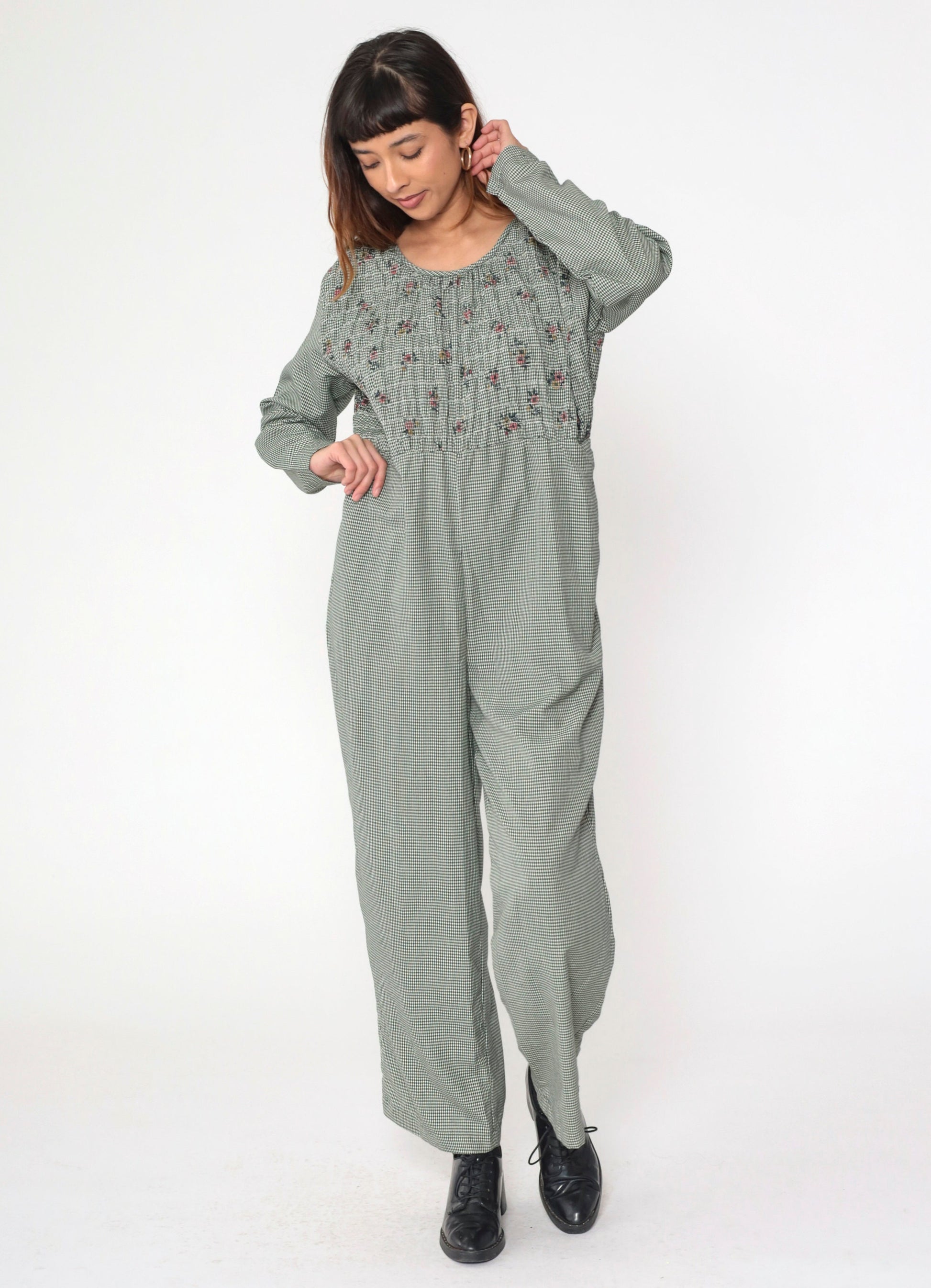 90s Gingham Smocked Floral Jumpsuit Long Sleeve Straight Leg Large