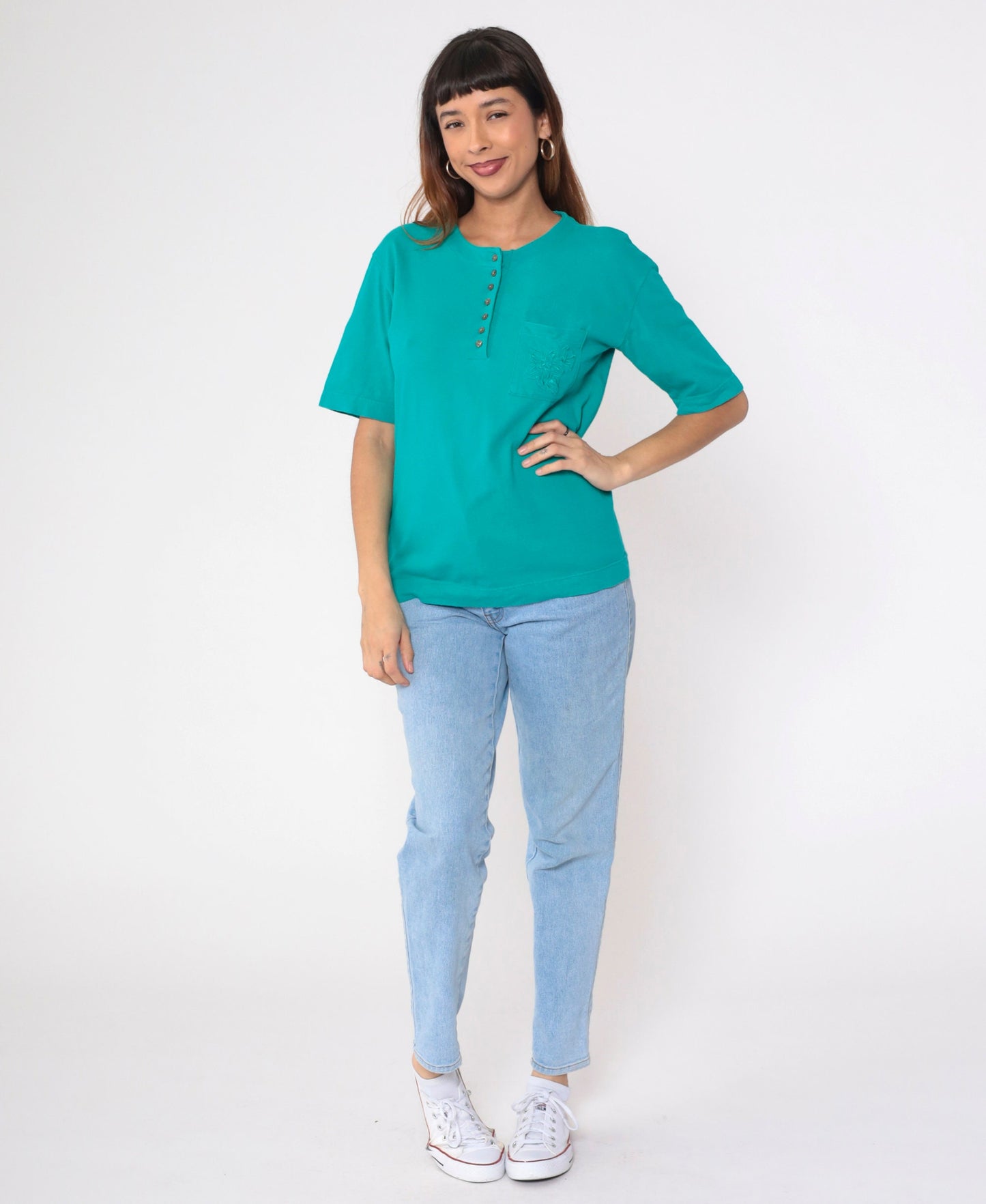 90s Teal Henley Tee Floral Embroidered Pocket Cotton Small