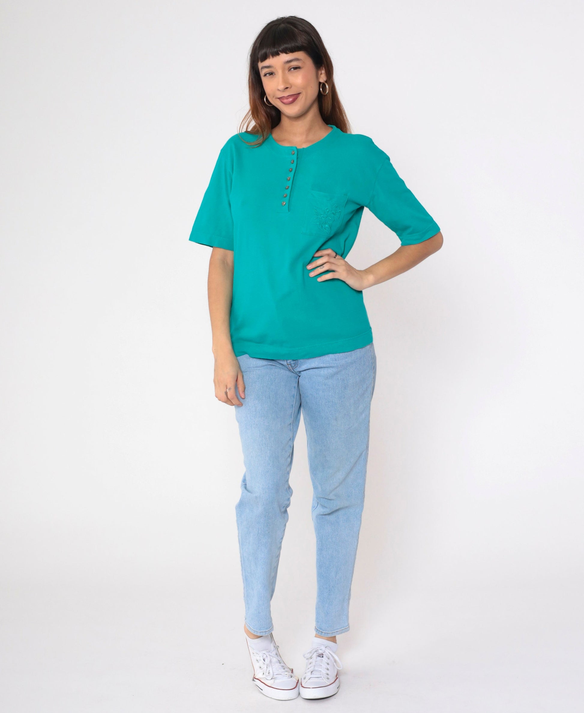 90s Teal Henley Tee Floral Embroidered Pocket Cotton Small