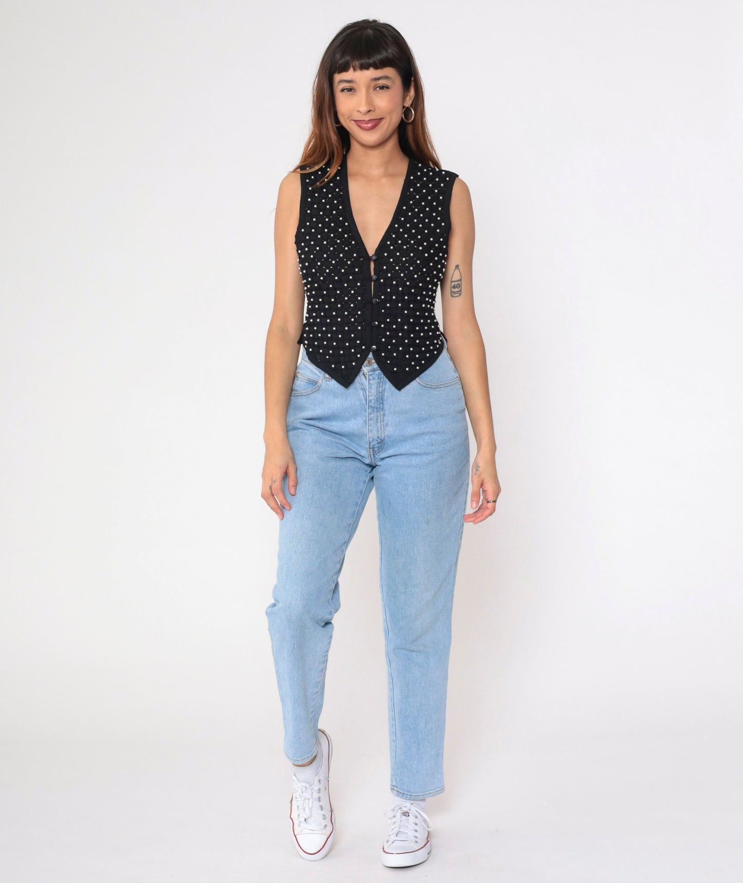 90s Kenar Petites Black Pearl Beaded Vest Lattice Cutout Small