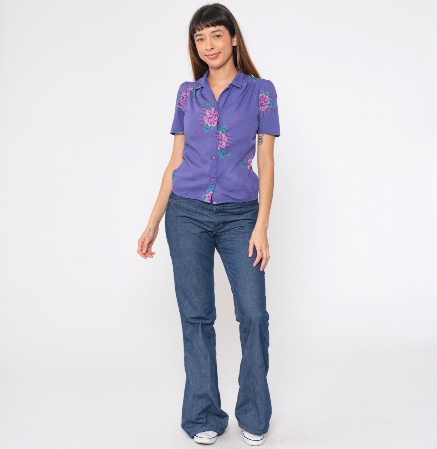 80s Purple Floral Puff Sleeve Button-Up Blouse Collared Shirt Small