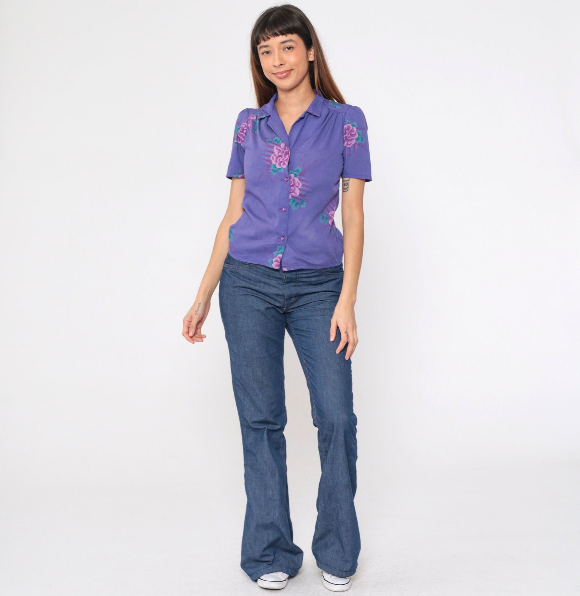 80s Purple Floral Puff Sleeve Button-Up Blouse Collared Shirt Small