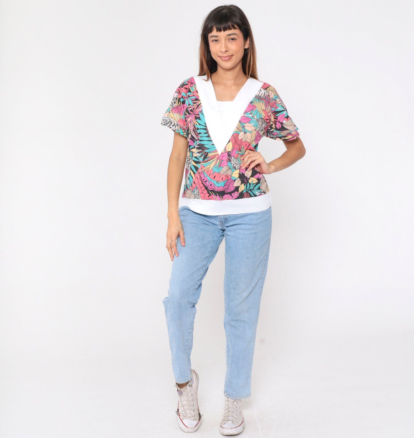 80s Jungle Animal Print V-Neck Shirt Tiger Leopard Safari Top Medium