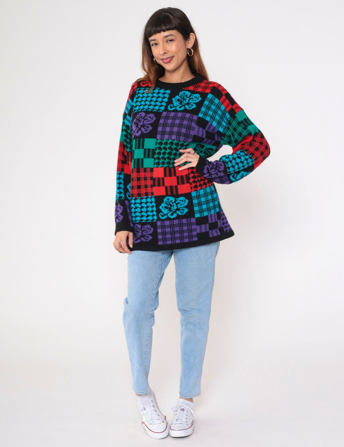 80s Traffic Jam Patchwork Checkered Floral Knit Sweater Black Red Blue Green Medium