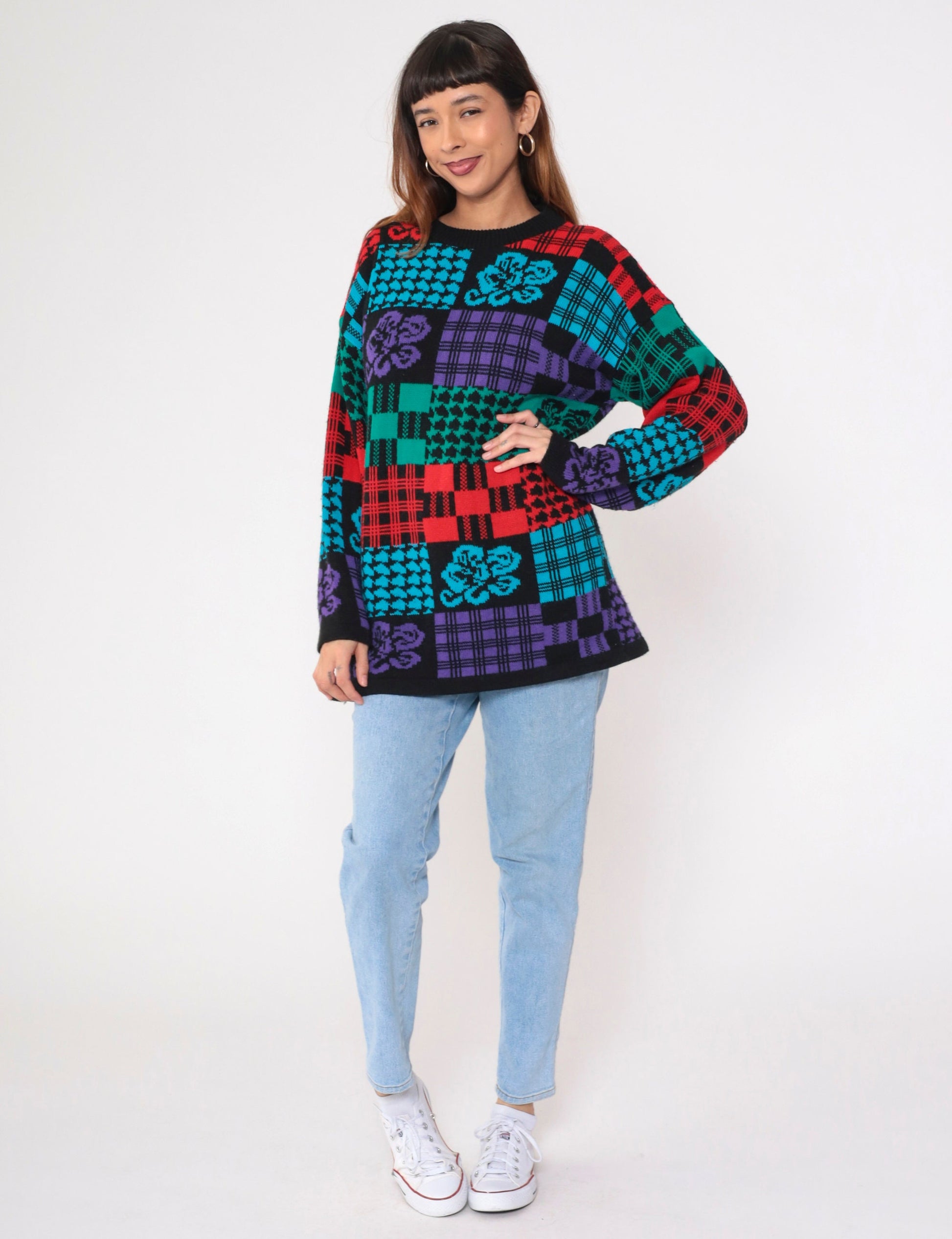 80s Traffic Jam Patchwork Checkered Floral Knit Sweater Black Red Blue Green Medium