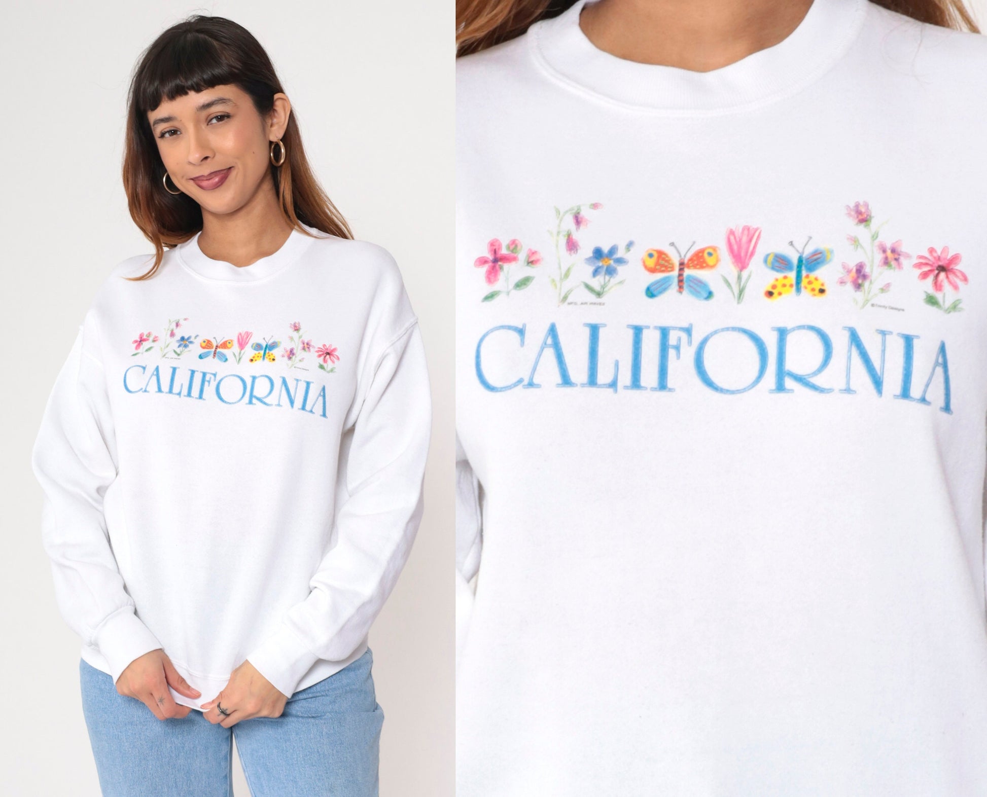90s California Butterfly Floral Graphic Sweatshirt White Crewneck Small
