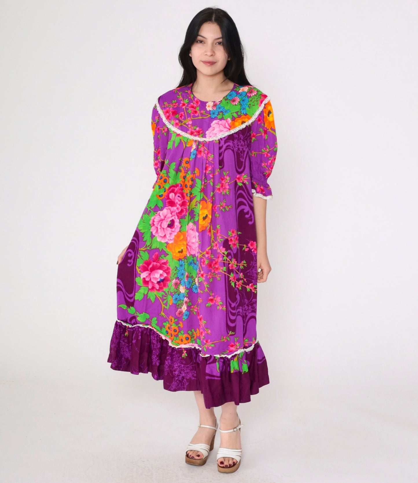 70s Purple Floral Midi Dress Puff Sleeve Tent Cut Lace Bib Large