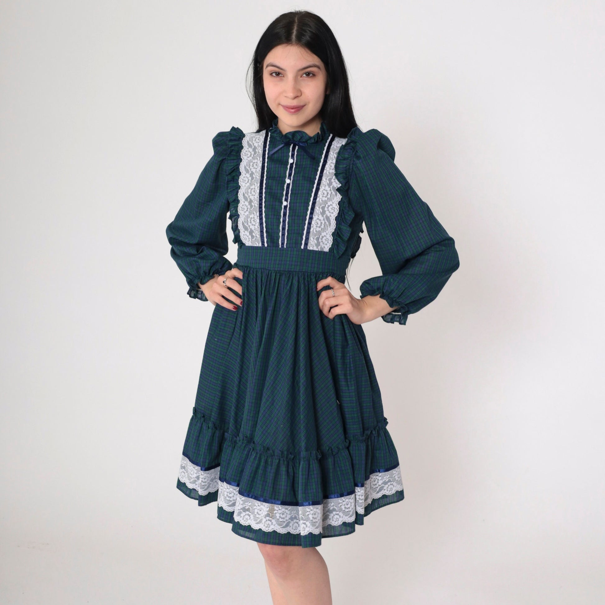 60s Plaid Mini Dress Puff Sleeve High Waisted Lace Trim Extra Small