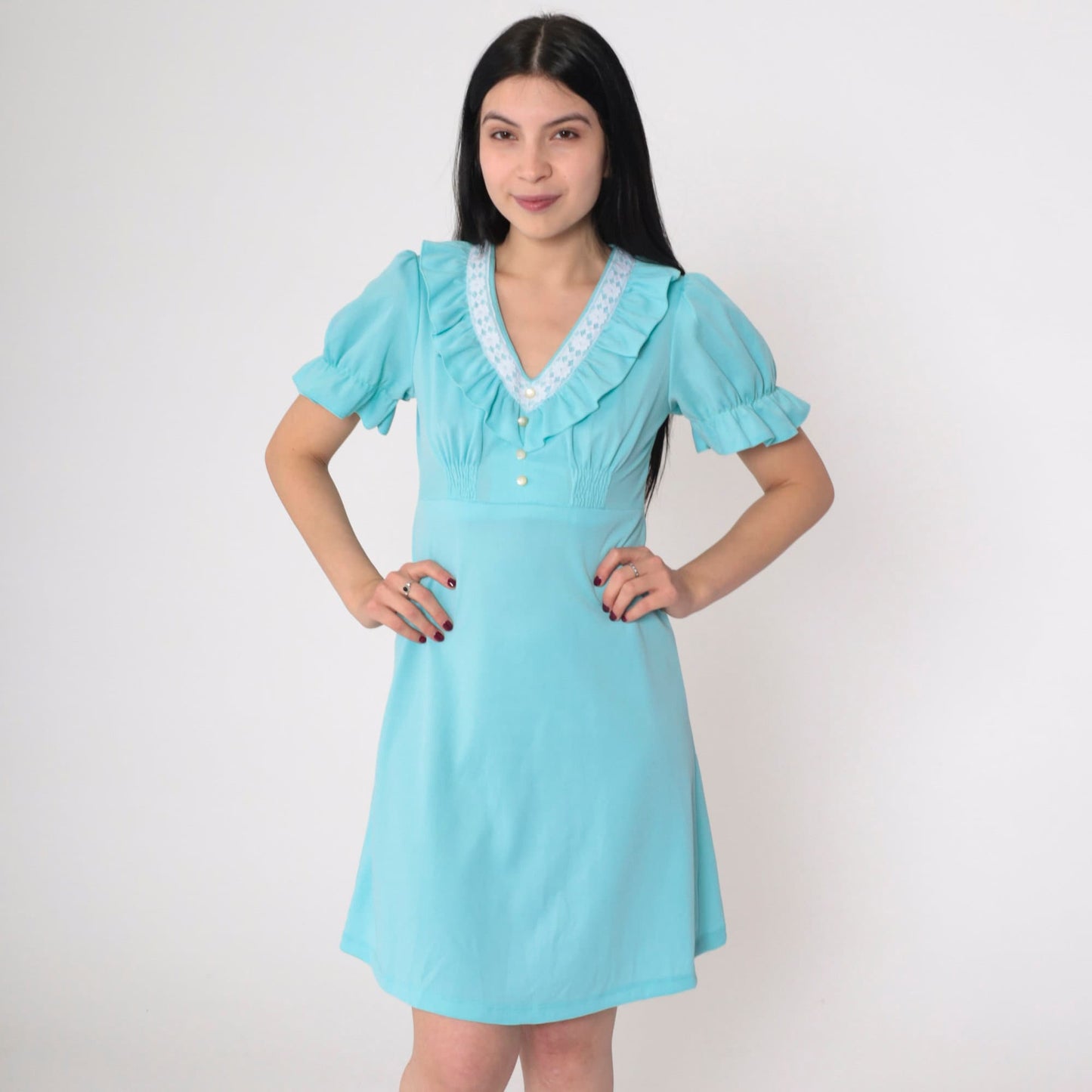 70s Blue Babydoll Mini Dress Empire Waist Puff Sleeve Lace Trim Small