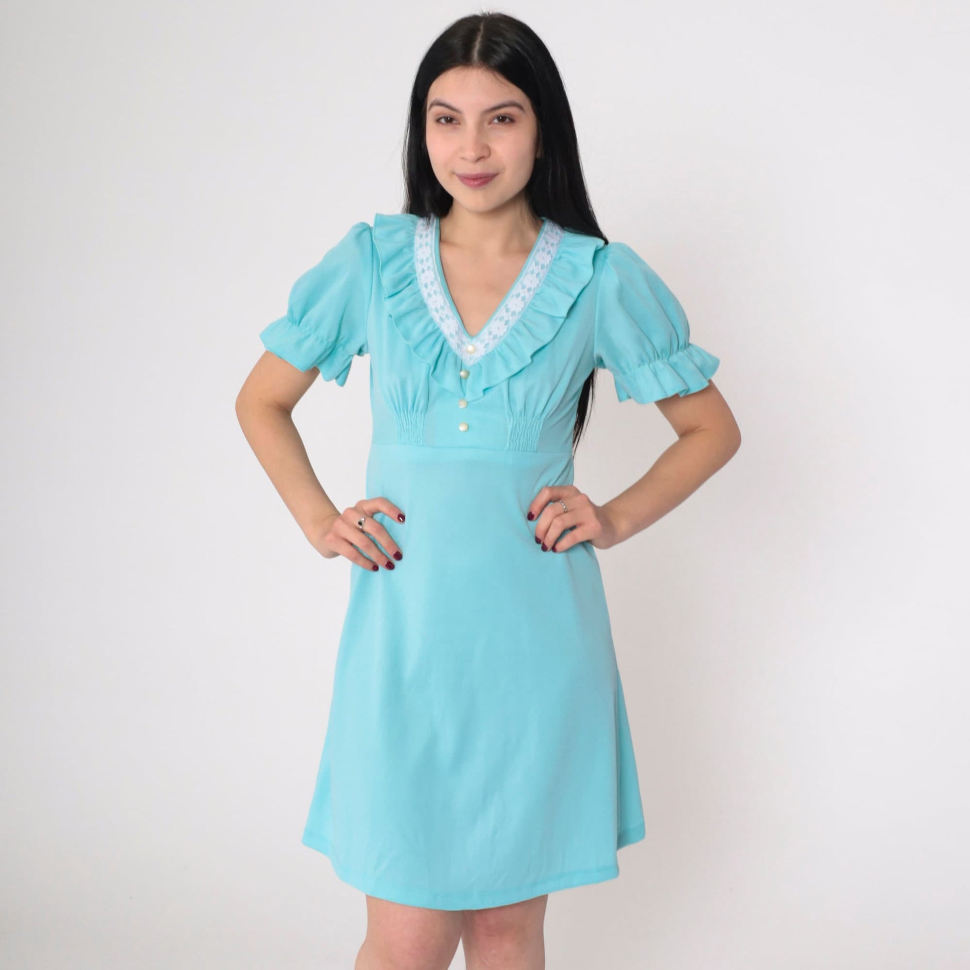 70s Blue Babydoll Mini Dress Empire Waist Puff Sleeve Lace Trim Small