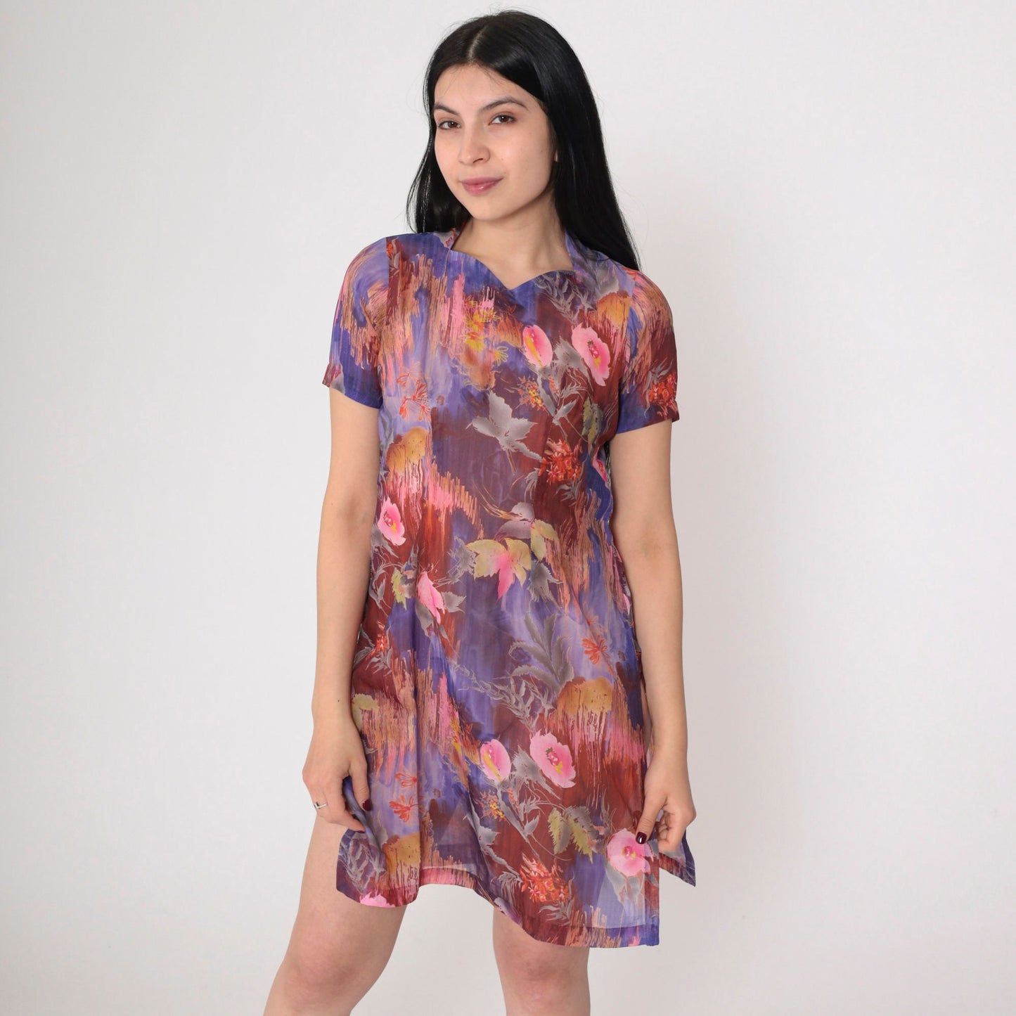 60s Floral Mini Dress Mod Psychedelic Print Purple Pink Cotton Short Sleeve XS