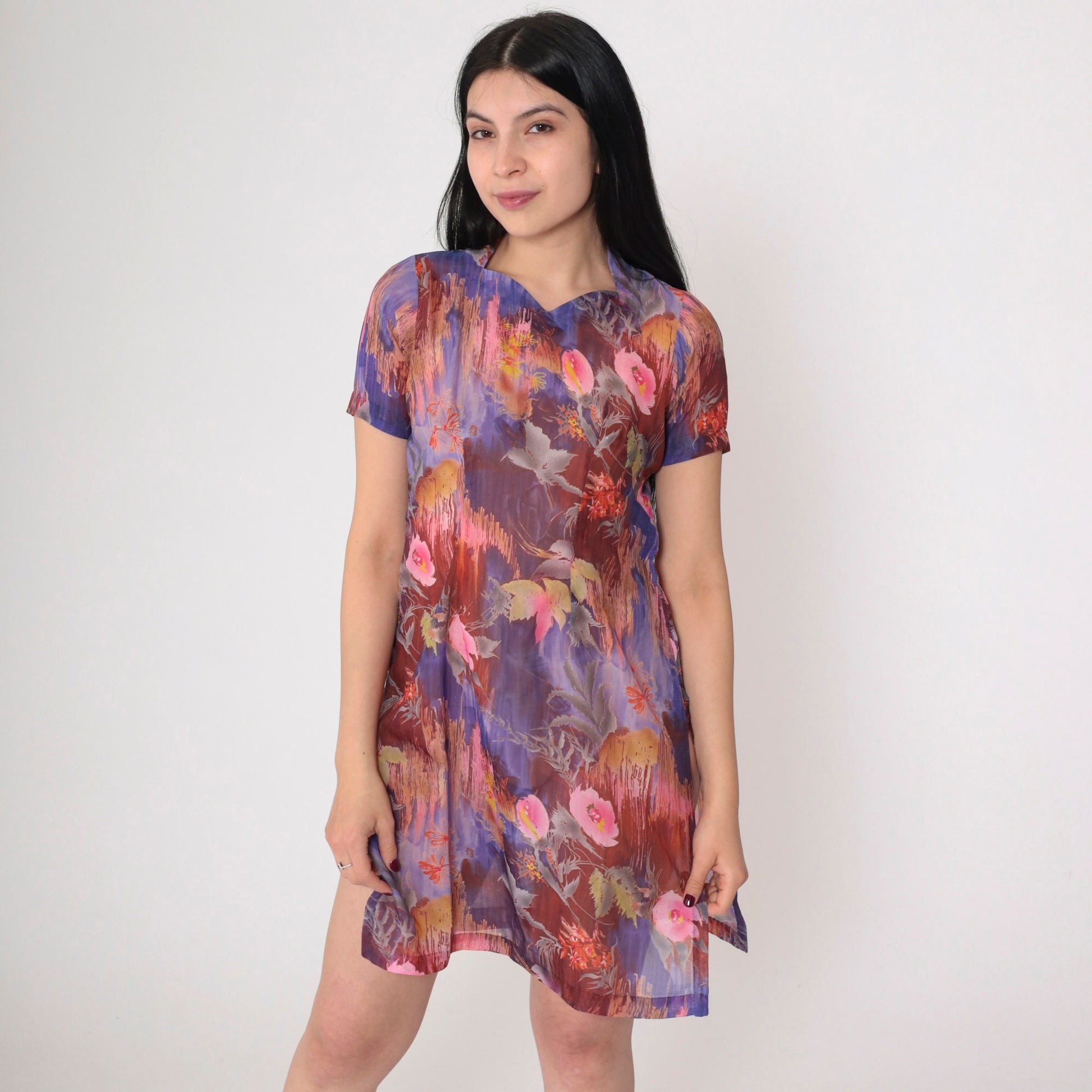 60s Floral Mini Dress Mod Psychedelic Print Purple Pink Cotton Short Sleeve XS