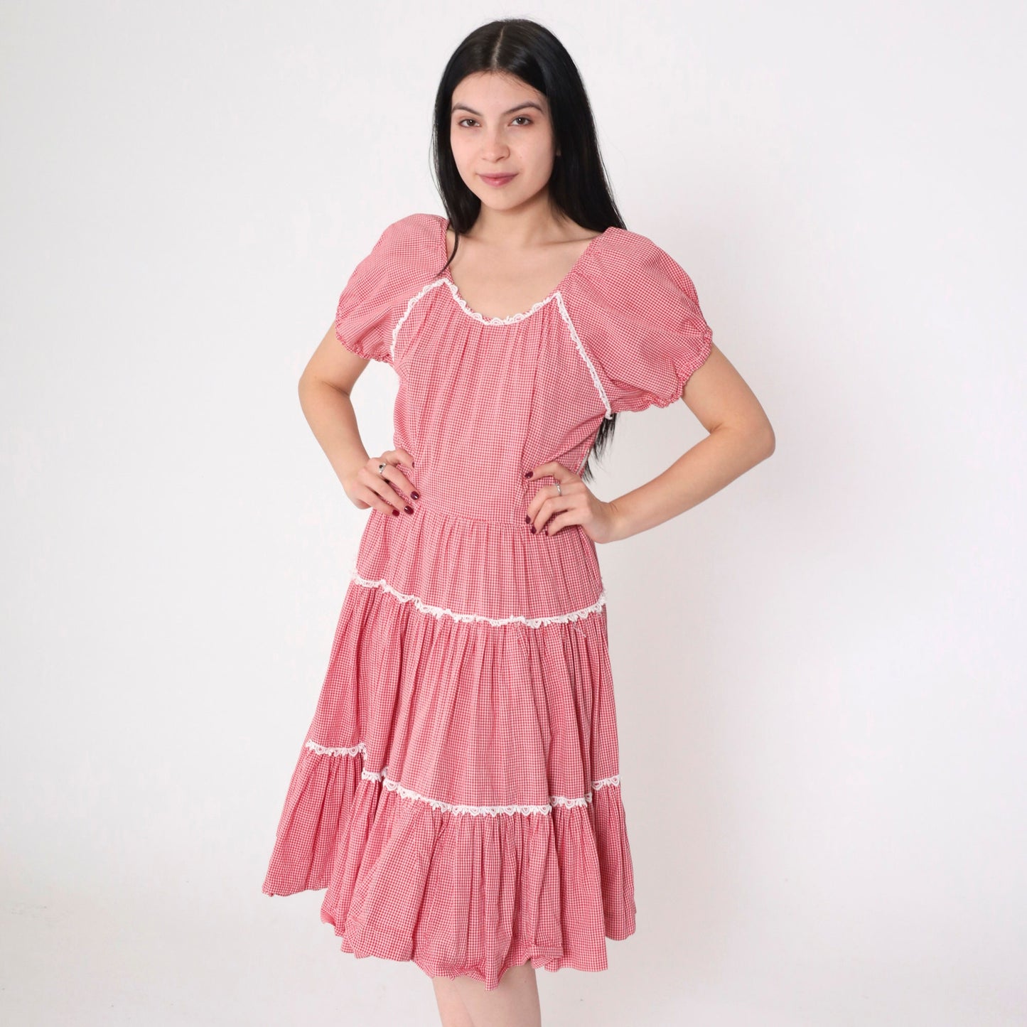 60s Red Gingham Prairie Dress Puff Sleeve Tiered Skirt High Waisted Small