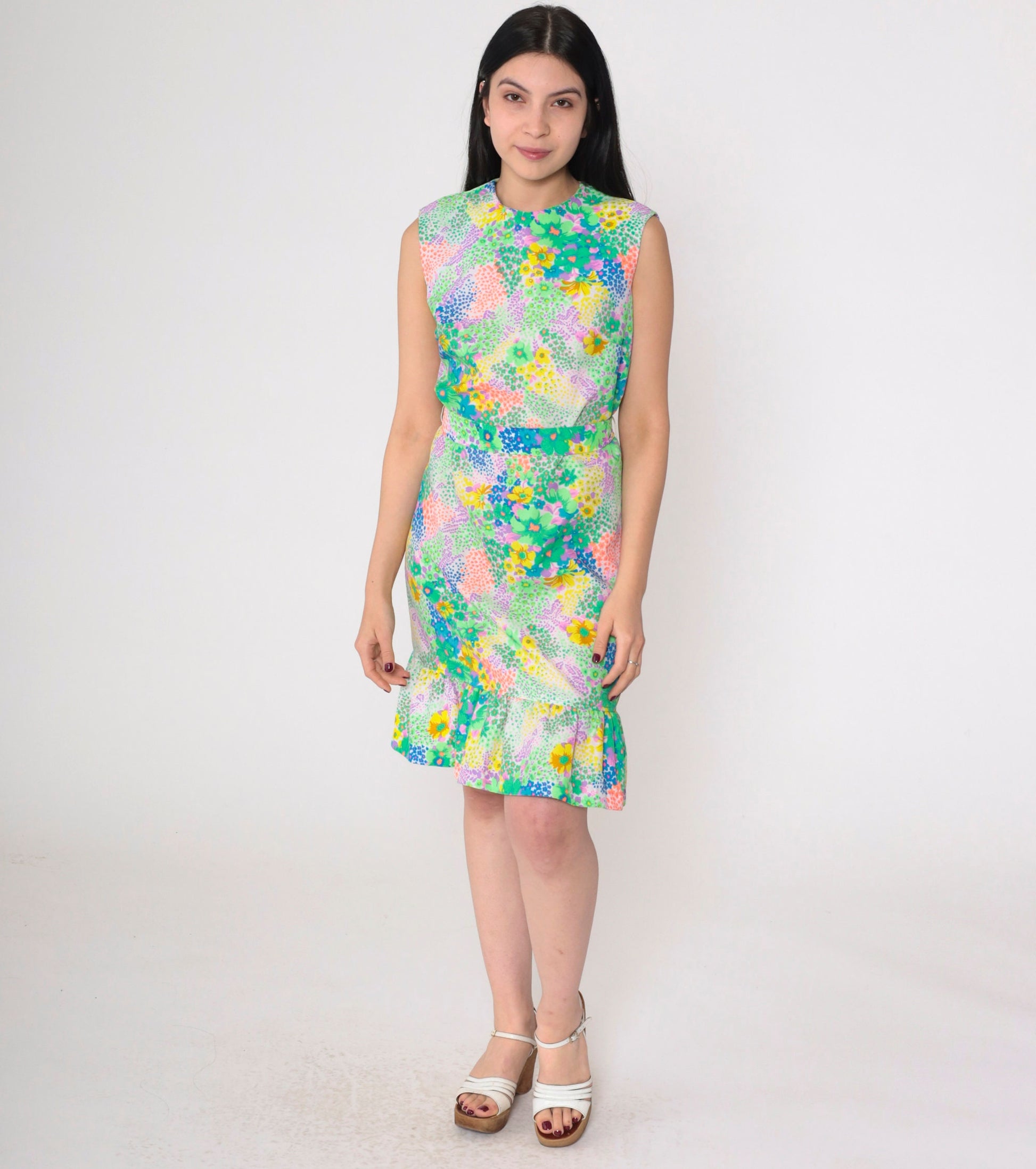 70s Liberty Circle Floral Mini Dress Sleeveless High Waist Small