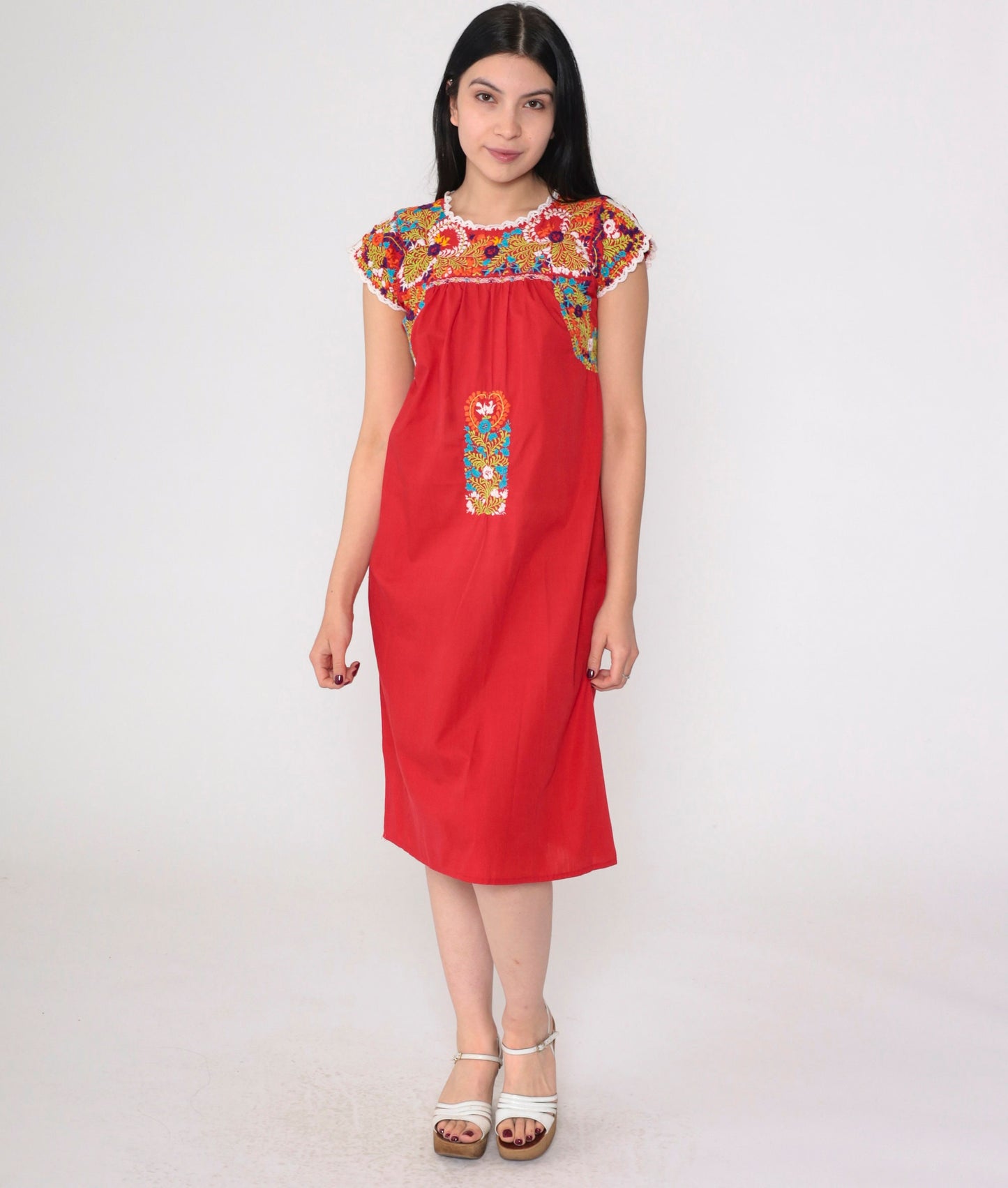 70s Oaxacan Embroidered Mini Dress Red Floral Cotton Cap Sleeve Small