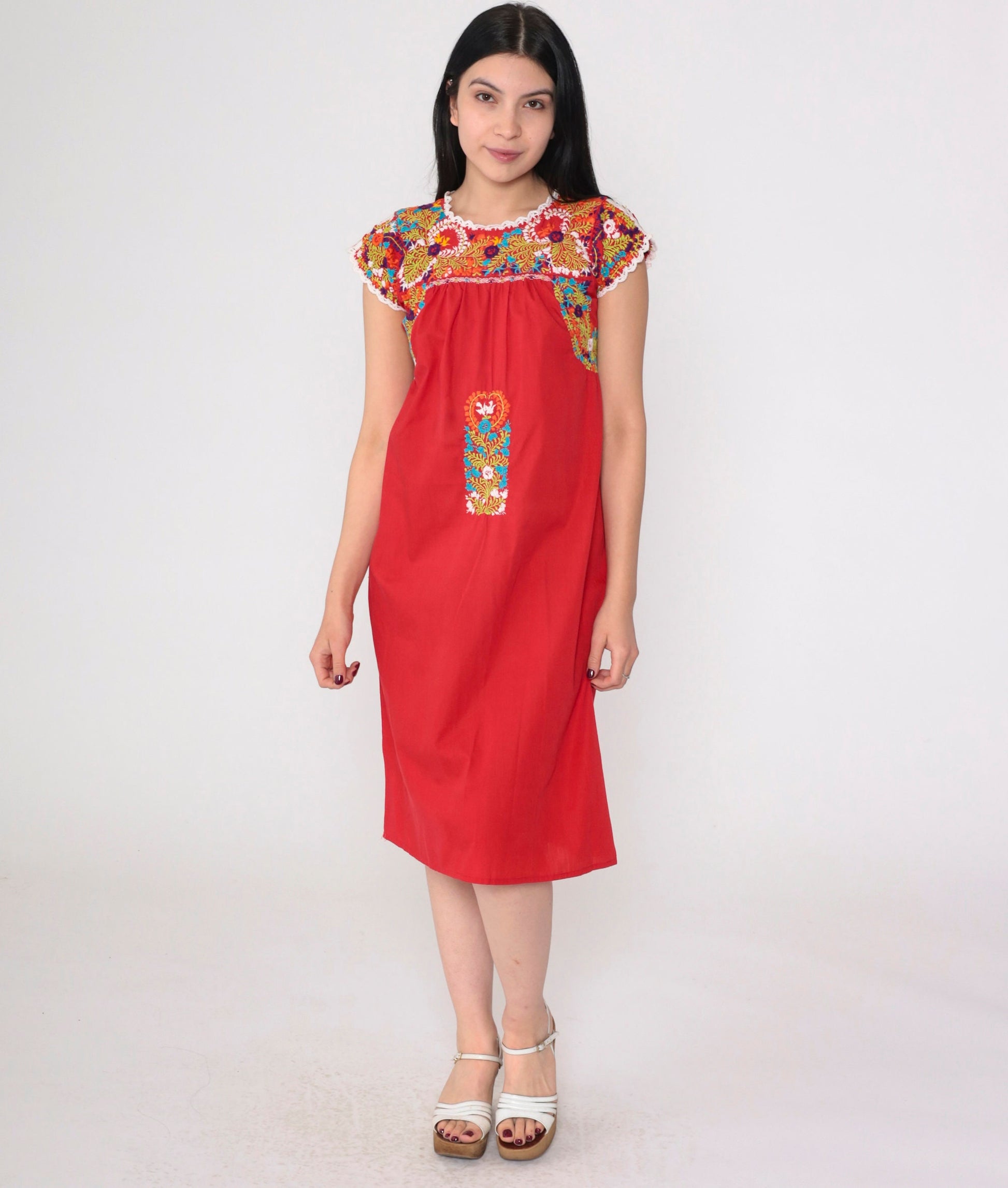 70s Oaxacan Embroidered Mini Dress Red Floral Cotton Cap Sleeve Small