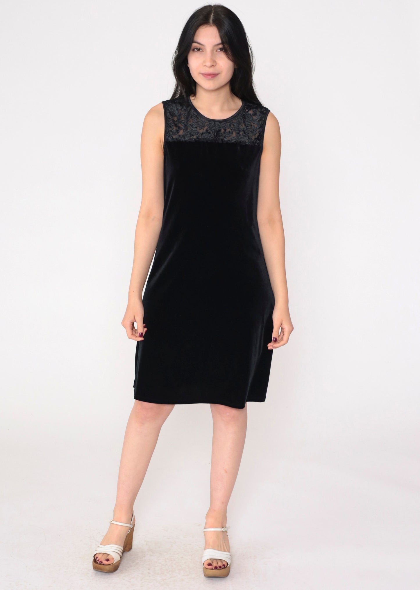 00s Black Velvet Mini Dress Y2K Floral Burnout Sleeveless Shift Large L
