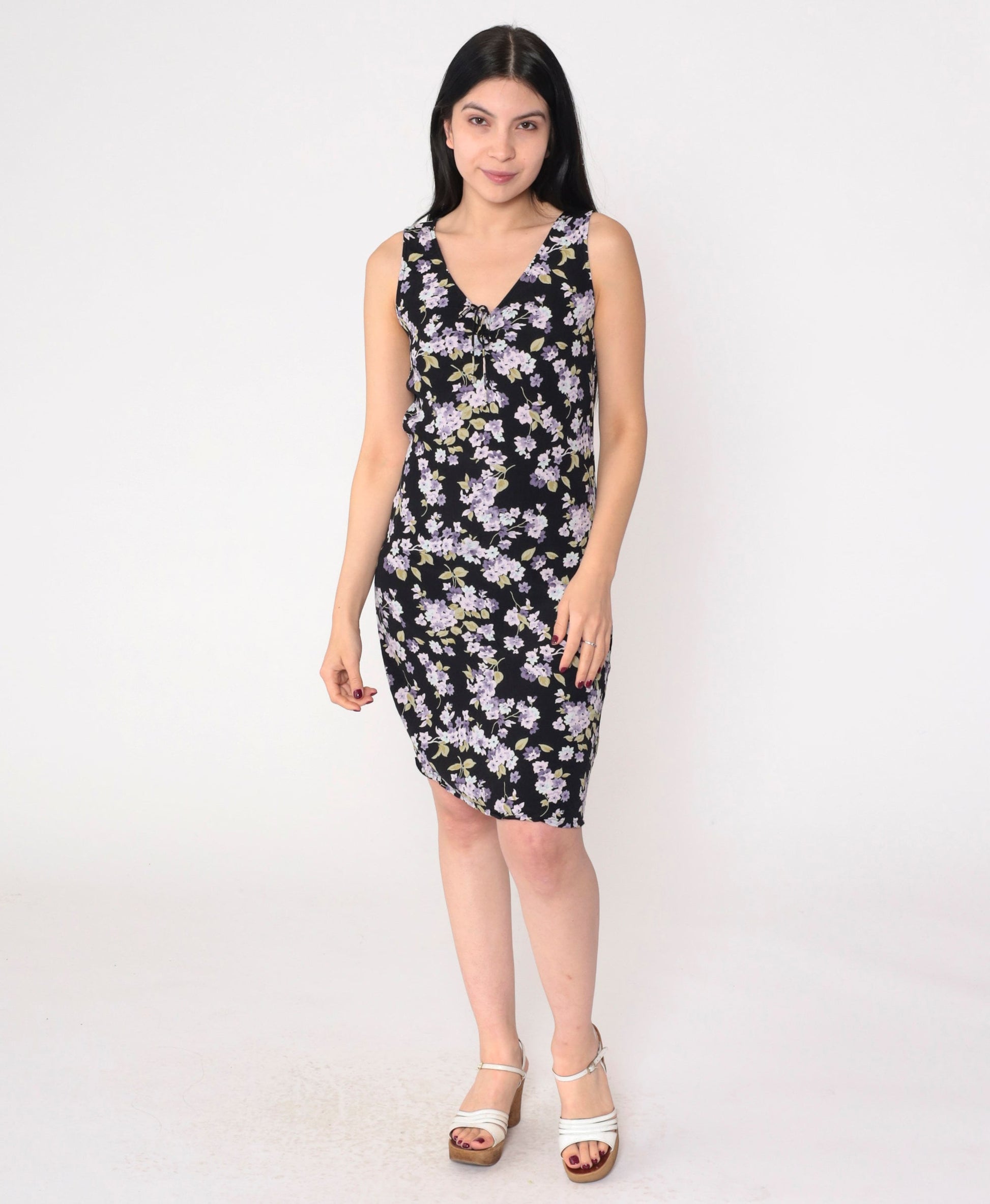 Y2K Gap Black Floral Mini Dress Lilac Print V-Neck Sleeveless Extra Small