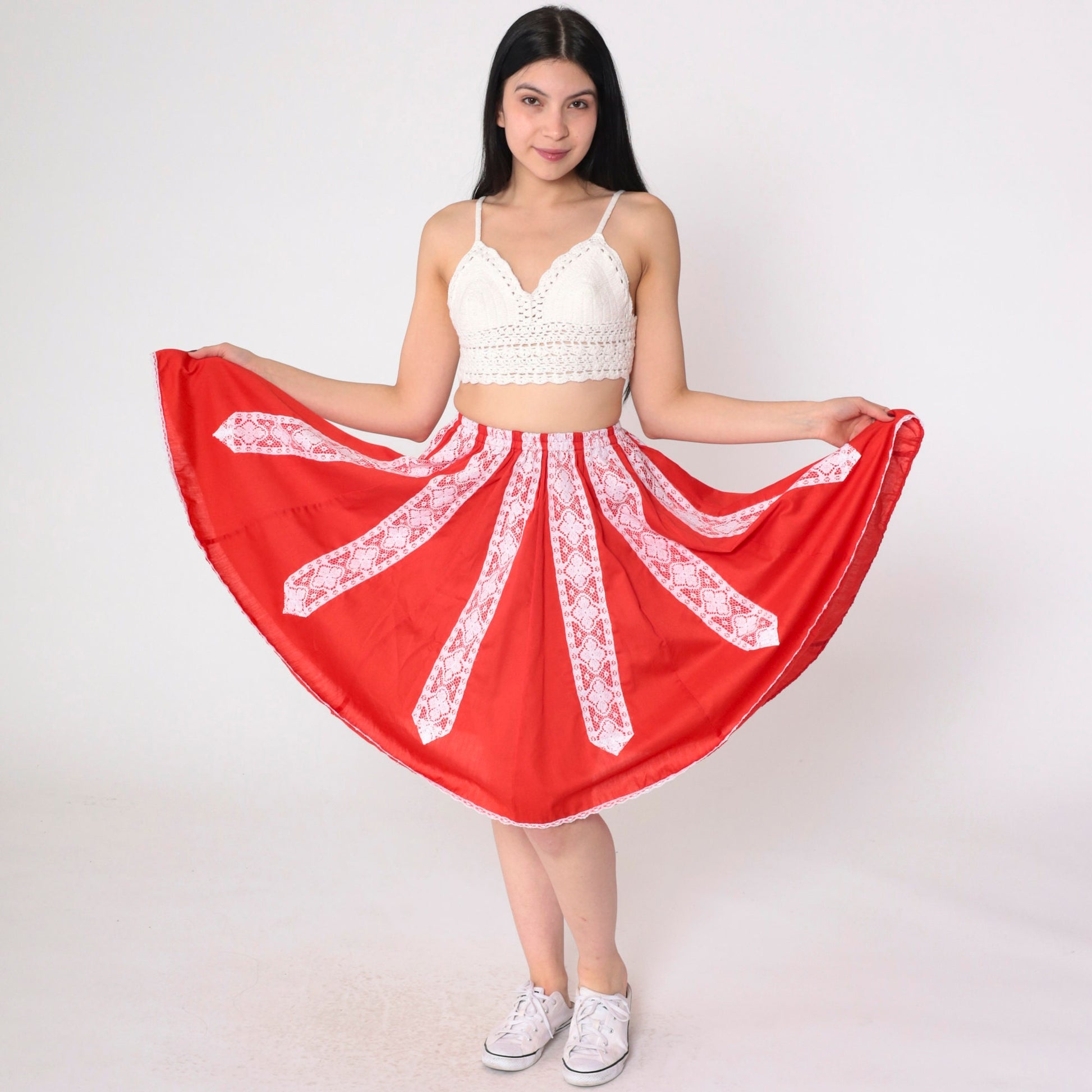80s Red Lace Trim Mini Skirt White Floral High Waist Extra Small