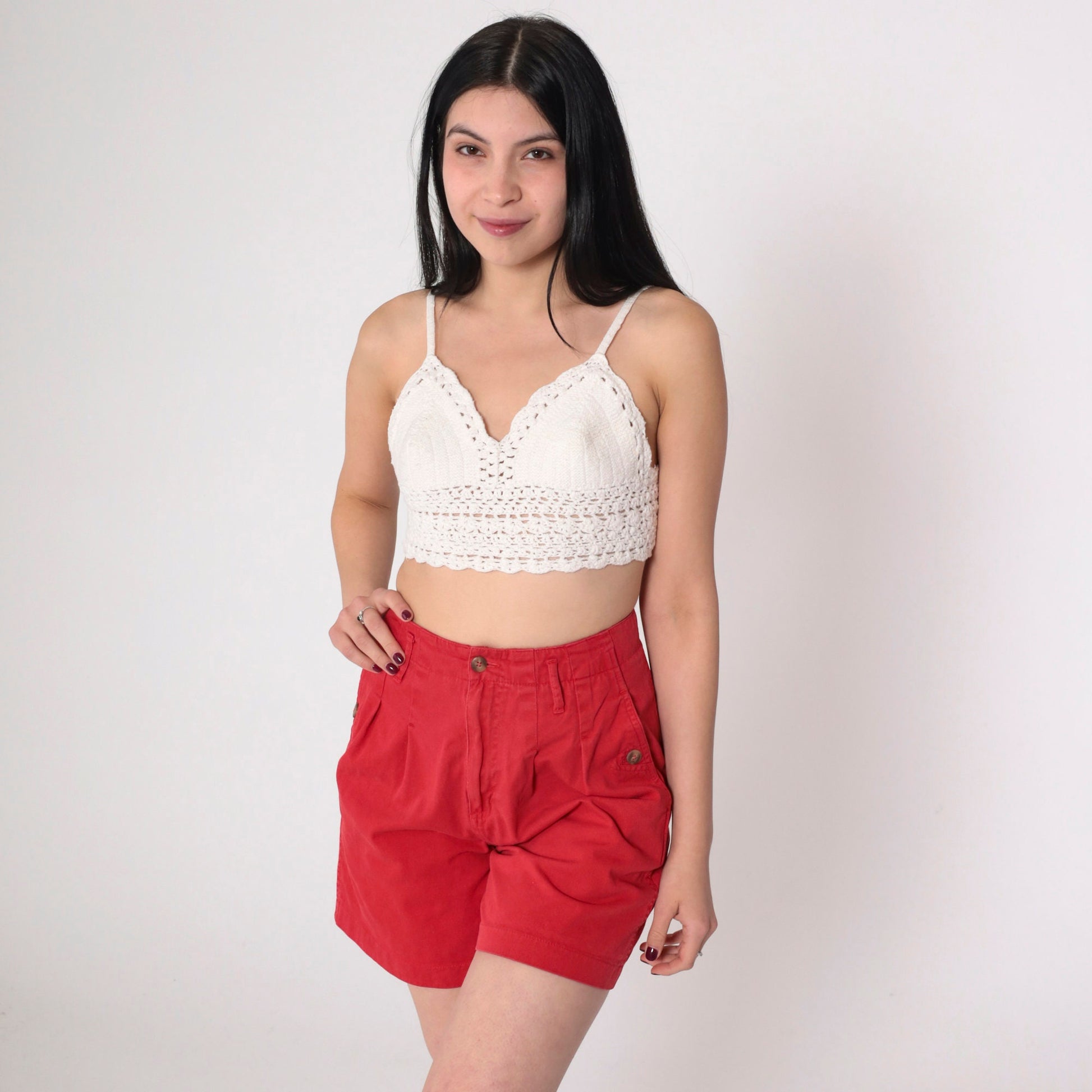 90s Red Pleated High-Waist Shorts Cotton Small