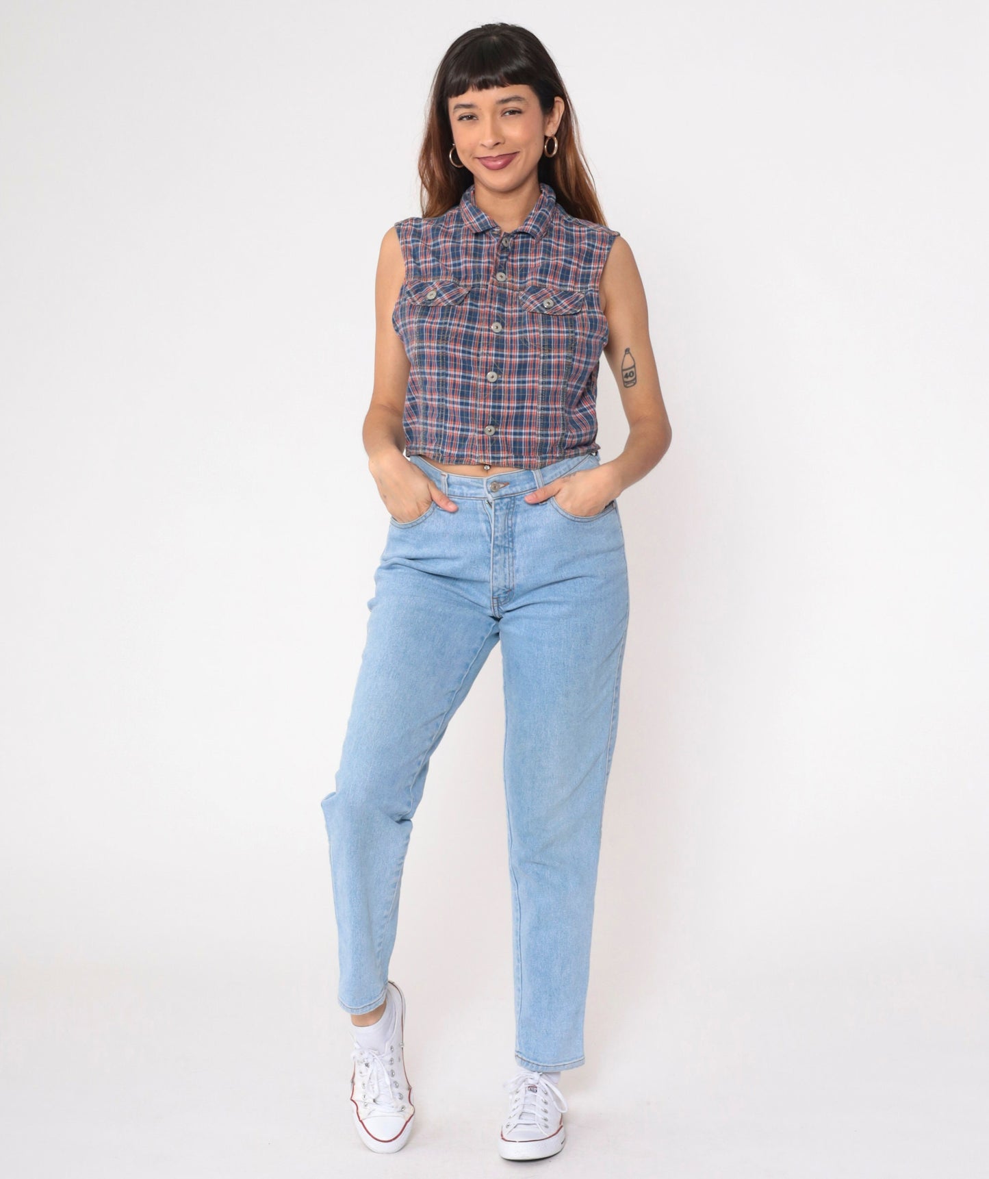 90s Plaid Button-Up Tank Top Blue Orange Checkered Cotton Medium