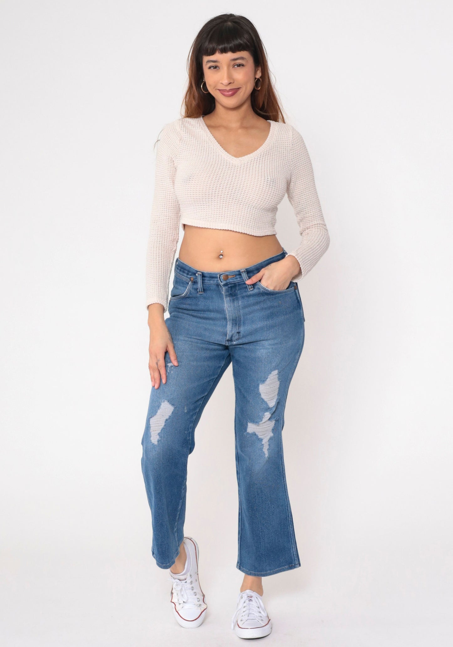 80s Wrangler High Waist Bootcut Jeans Distressed Blue Denim Men's 34