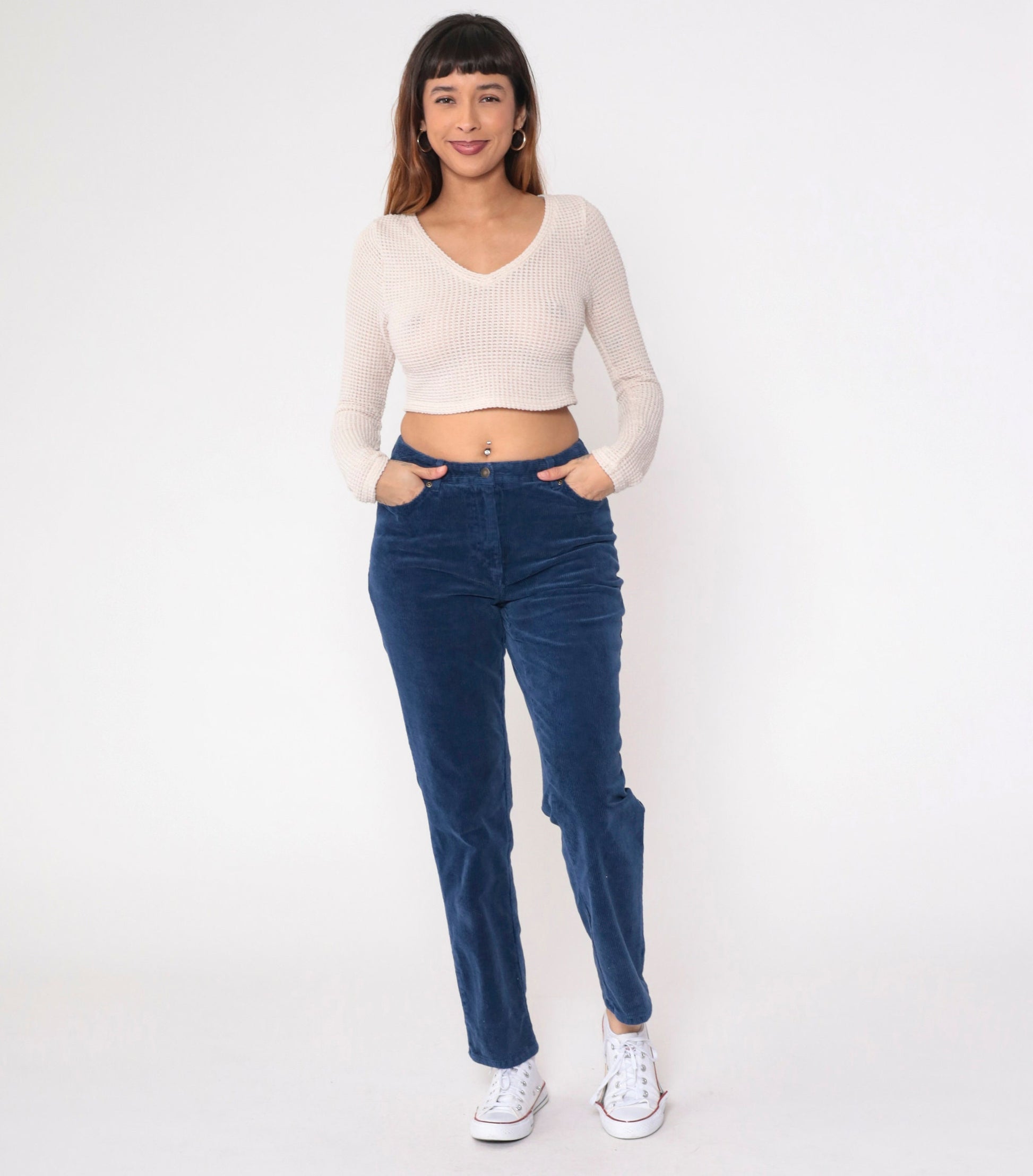 90s Newport News Dark Blue Corduroy High-Waist Tapered Trousers Medium 10