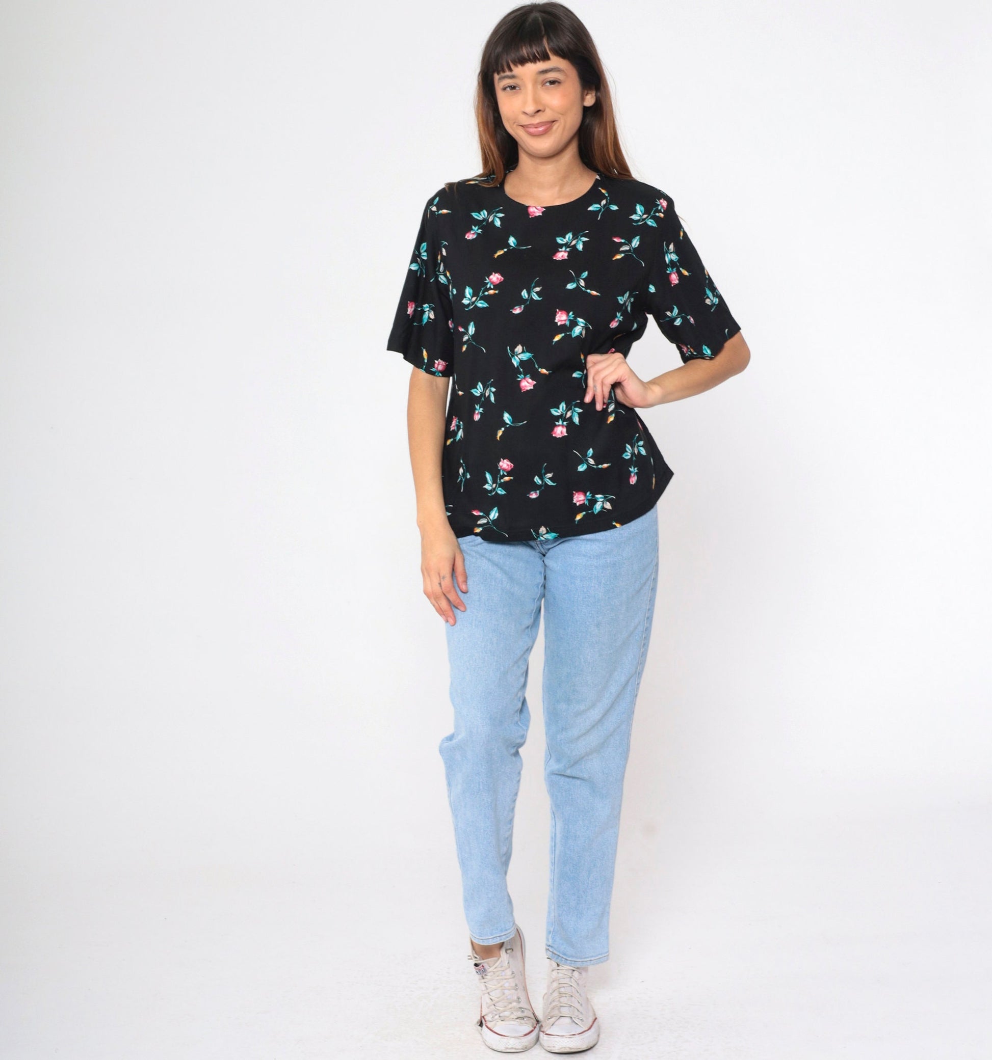 90s Black Floral Rayon Blouse Short Sleeve Rose Print Shirt Medium