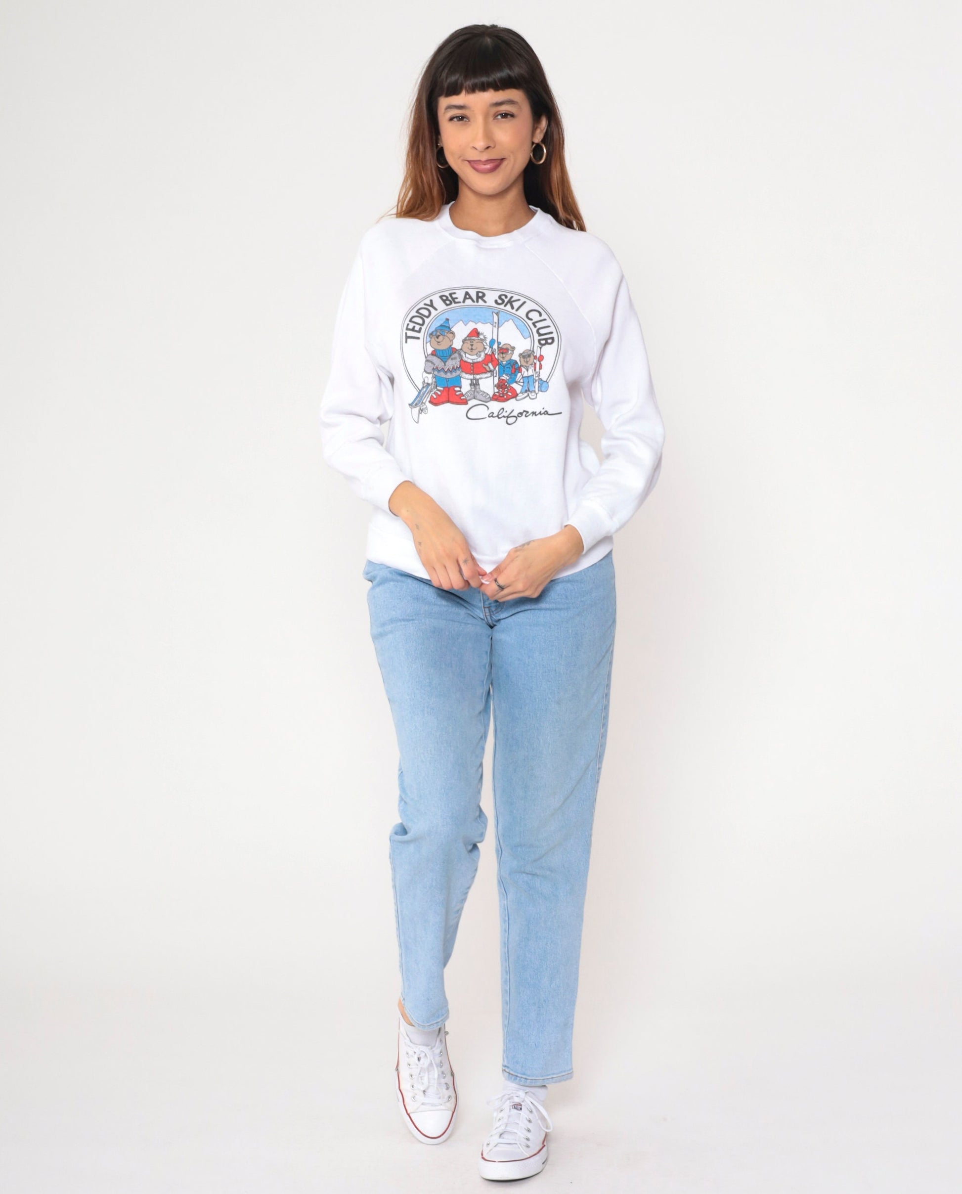 90s Teddy Bear Ski Club California Graphic Sweatshirt White Crewneck Small
