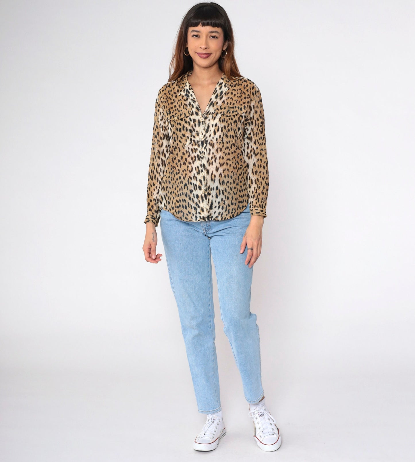 90s Liz Sport Leopard Print Button Up Blouse Long Sleeve Cotton Small Petite