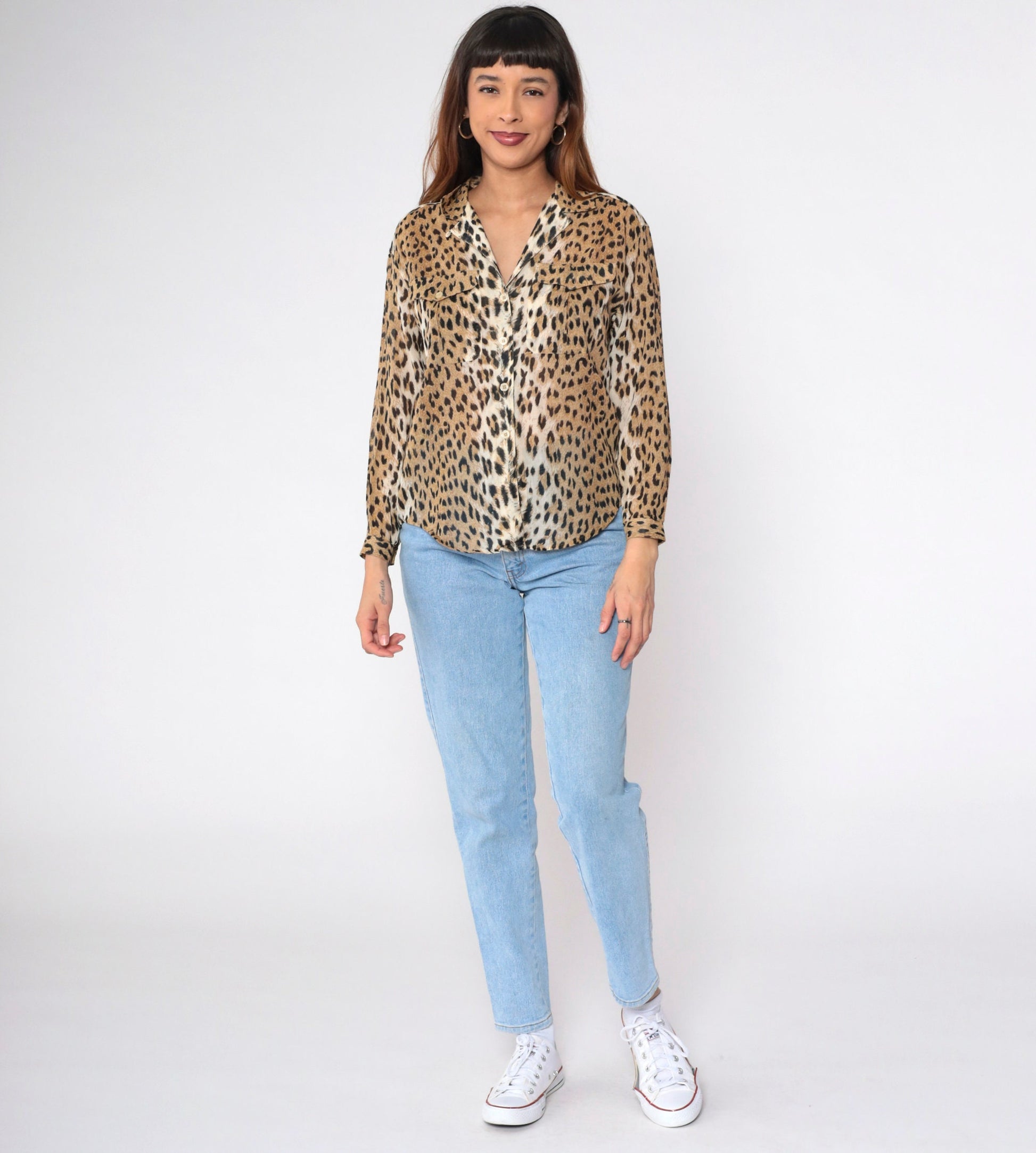 90s Liz Sport Leopard Print Button Up Blouse Long Sleeve Cotton Small Petite