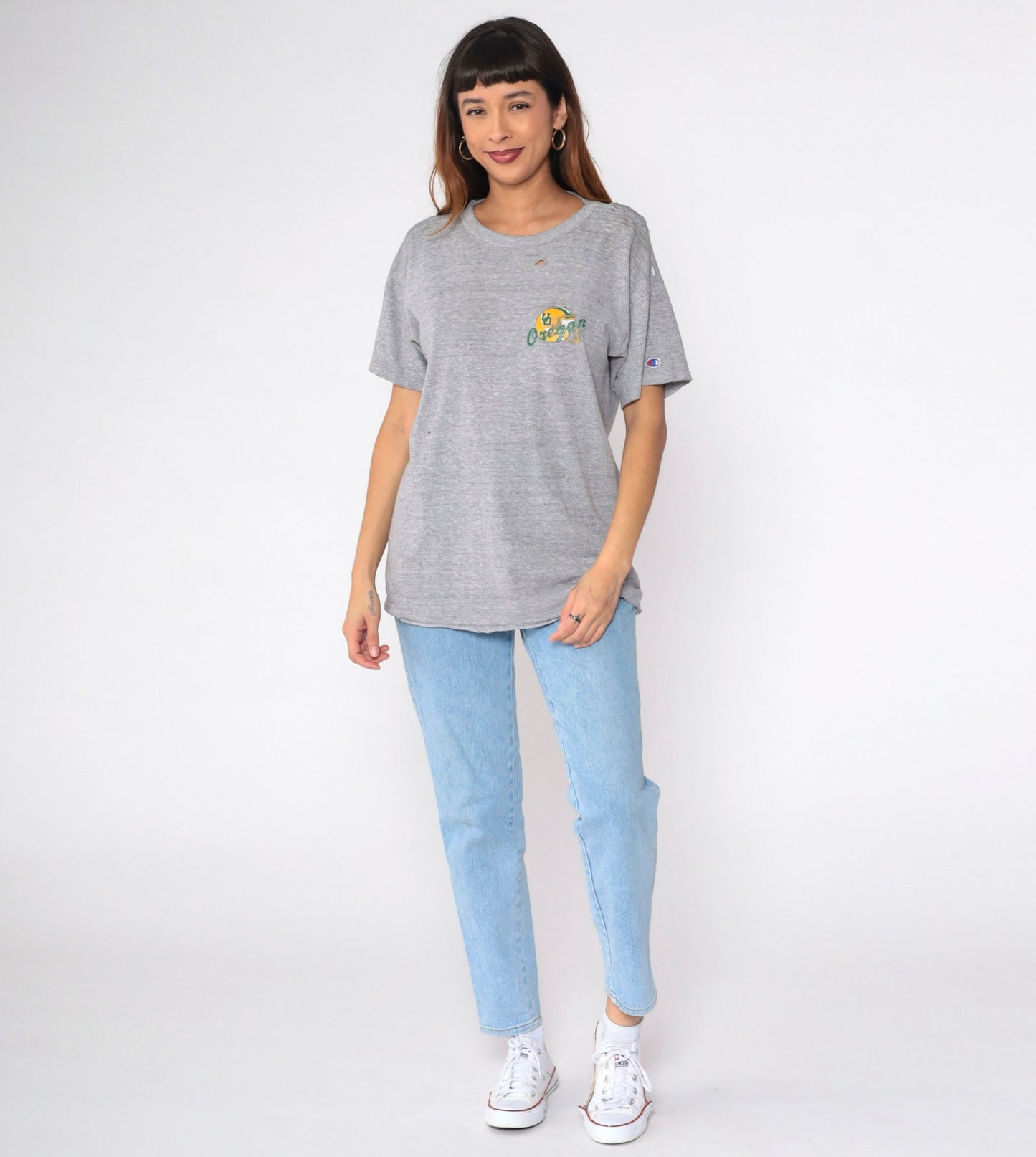 80s University of Oregon Champion Football Graphic Tee Grey Distressed Medium